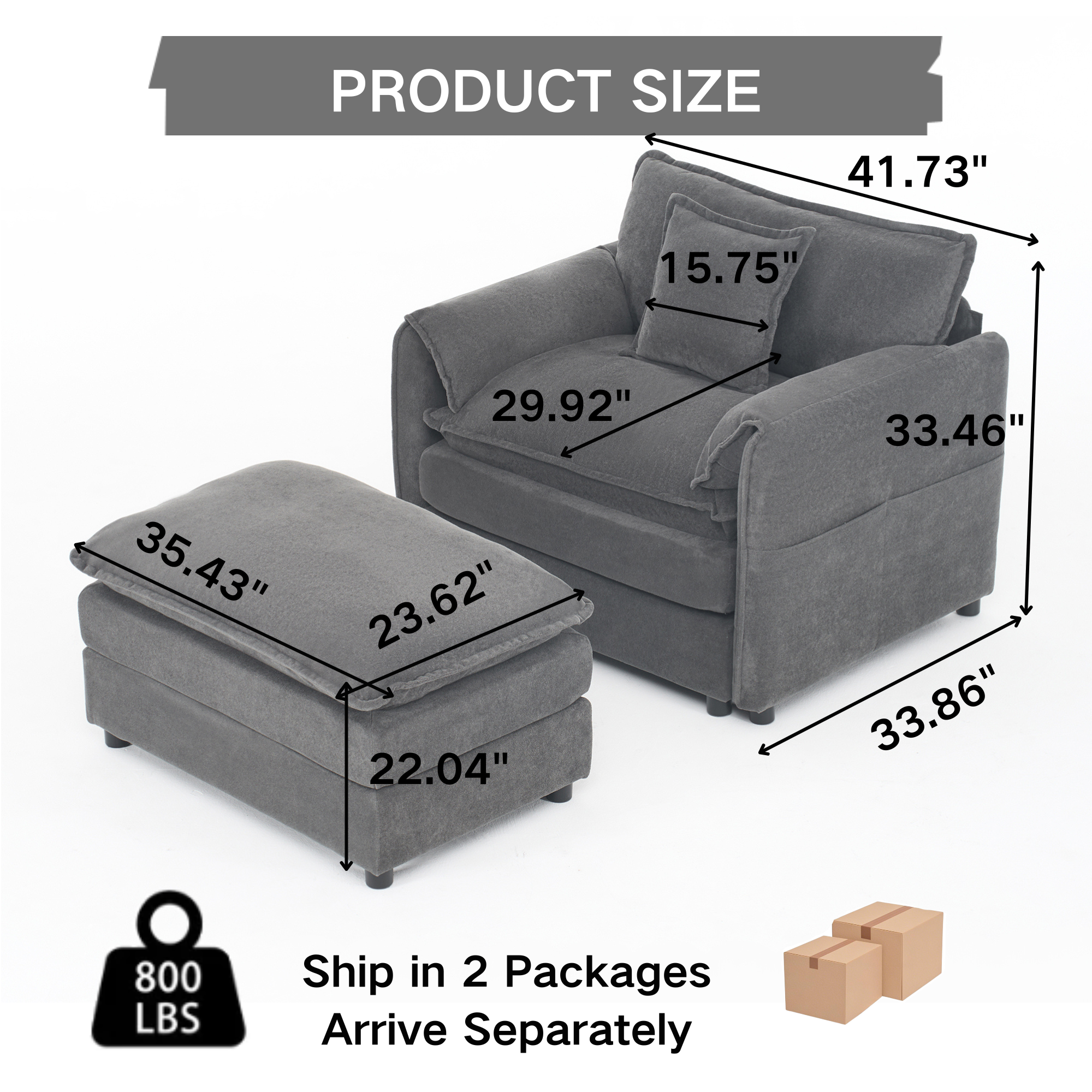 Oversized 57.48" Recliner Chair with Movable Ottoman - Soft Chenille Upholstered Indoor Lounge Chair for Living Room or Bedroom,DIY Combination,Grey - Image 2
