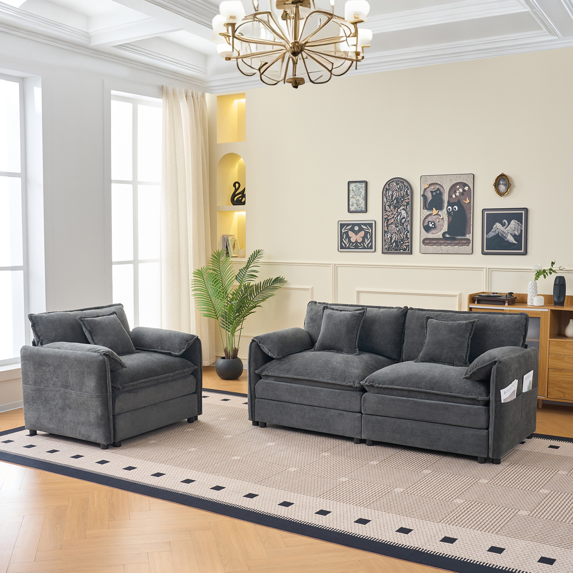 Deep Seat Luxury 2 Piece Loveseat Couch & Sofa Armchair Set, Modern Upholstered Chenille Cloud Couches Set Furniture with 3 Pillow for Living Room Bedroom Office Apartment,DIY Combination,Grey - Image 1