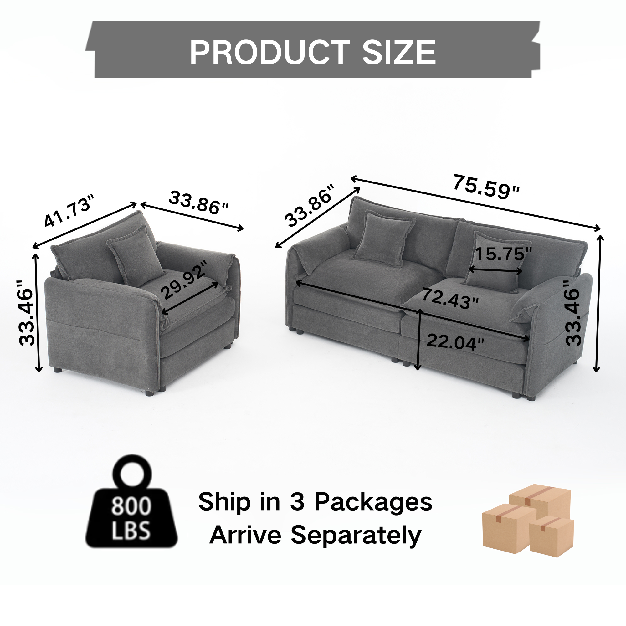 Deep Seat Luxury 2 Piece Loveseat Couch & Sofa Armchair Set, Modern Upholstered Chenille Cloud Couches Set Furniture with 3 Pillow for Living Room Bedroom Office Apartment,DIY Combination,Grey - Image 2