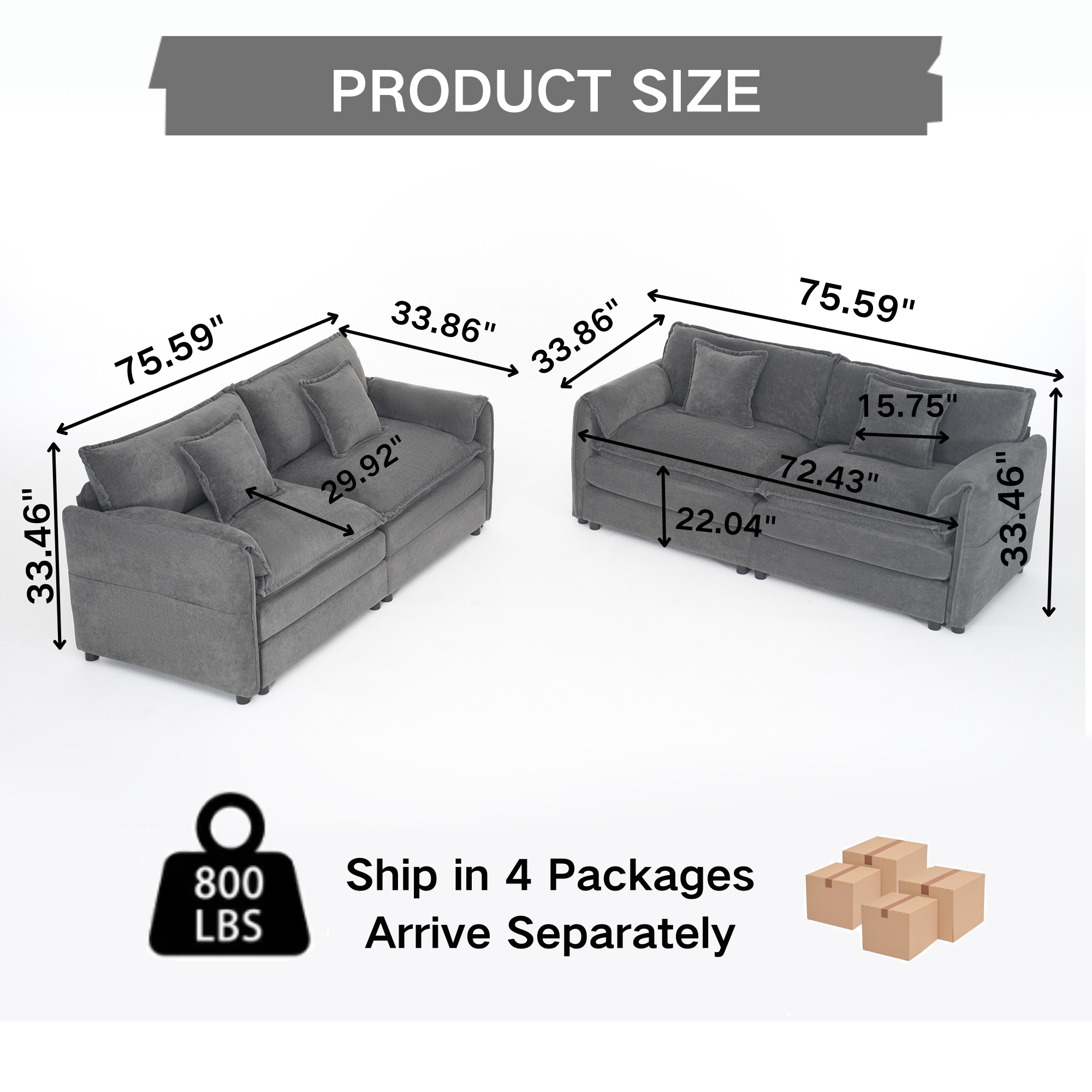 Oversized Deep Seat Luxury 2 Piece Sofa Set, 2 Pieces of Loveseat Sofa, Modern Chenille Comfy Cloud Couches Set for Living Room Office with 4 Pillows,DIY Combination,Grey - Image 2