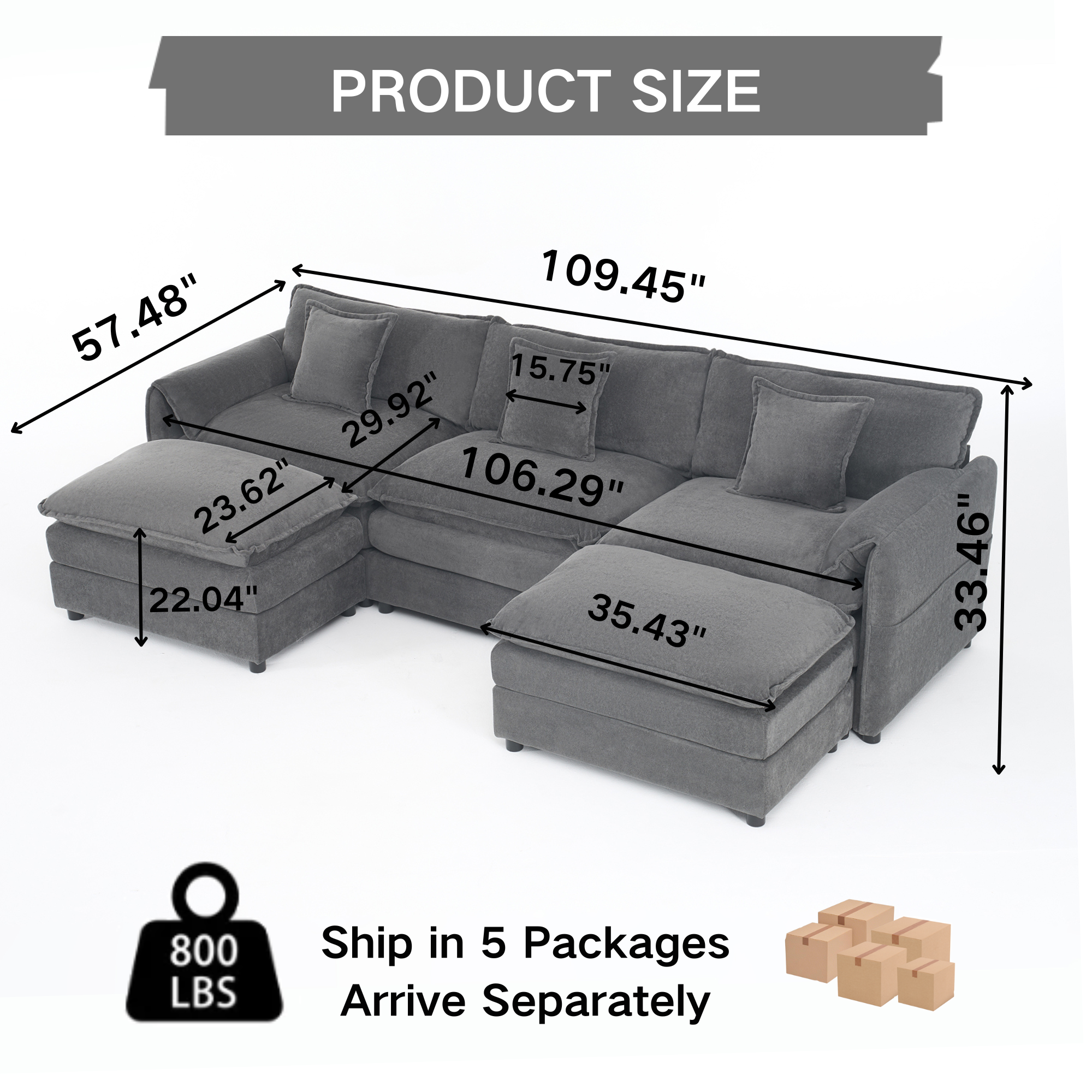 Modular Sectional Sofa, Oversized Deep Seat U Shaped Couch Set for Living Room, 3-Seater Comfy Cloud Couches with 2 Movable Ottomans, DIY Combination, Chenille,Grey - Image 2