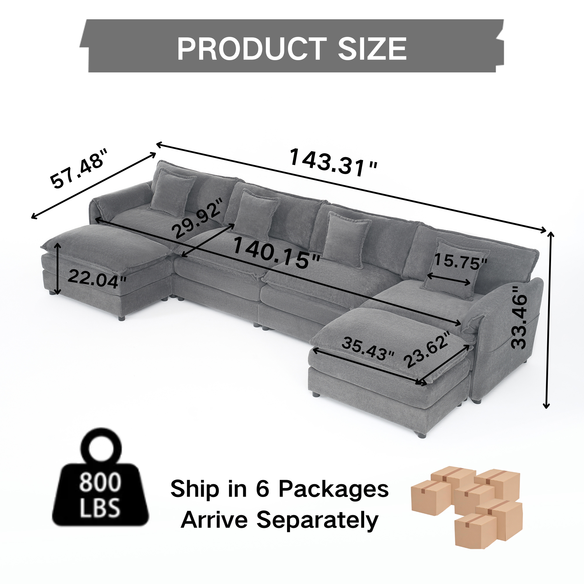 Modular Sectional Sofa, Oversized Deep Seat U Shaped Couch Set for Living Room, 4-Seater Comfy Cloud Couches with 2 Movable Ottomans, DIY Combination, Chenille,Grey - Image 2