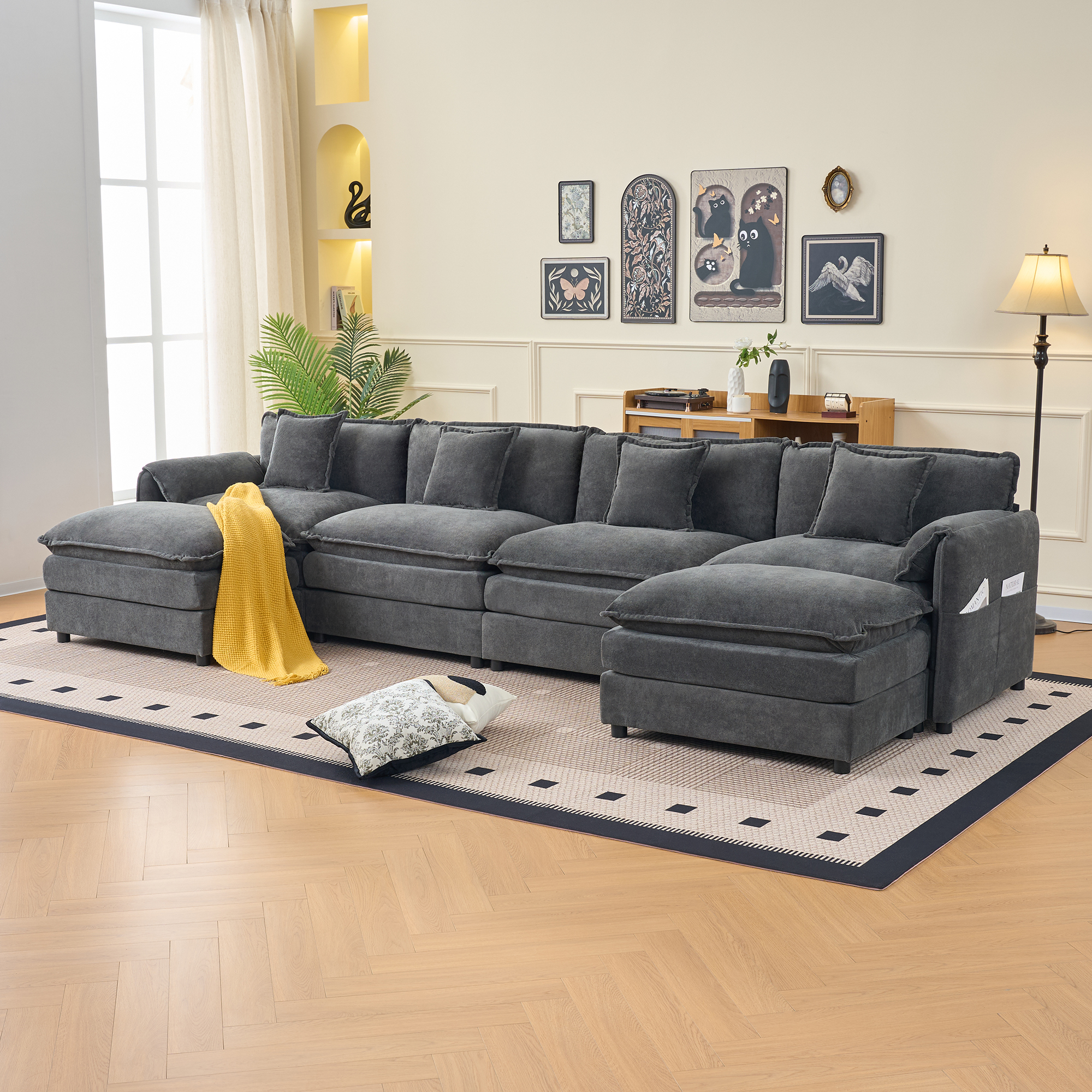 Modular Sectional Sofa, Oversized Deep Seat U Shaped Couch Set for Living Room, 4-Seater Comfy Cloud Couches with 2 Movable Ottomans, DIY Combination, Chenille,Grey - Image 5