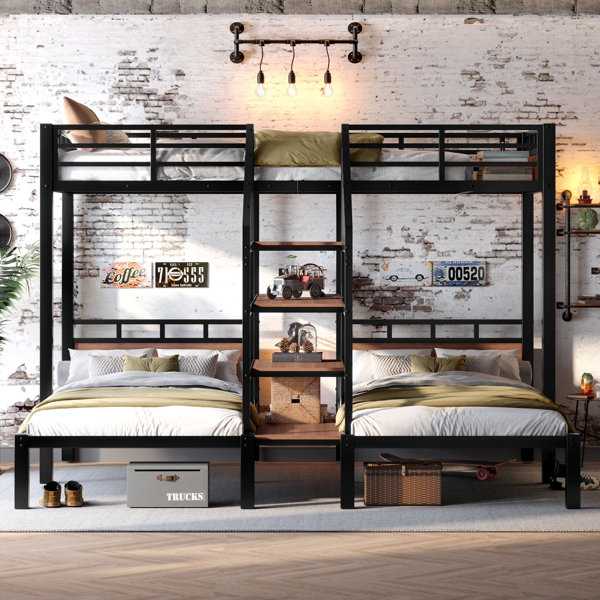 Twin over Twin over Twin Metal Bunk Bed ,triple metal bunk bed with Storage shelves and storage stairs,Black - Image 2