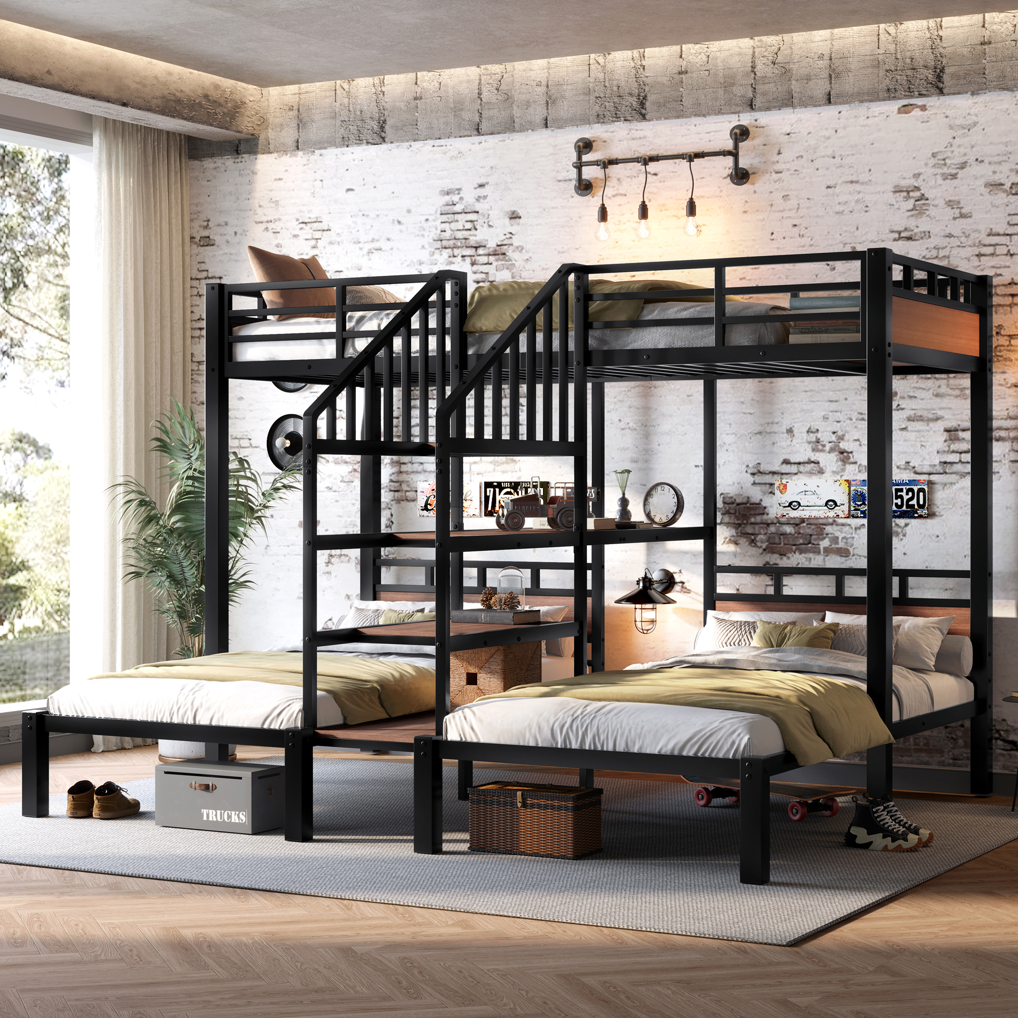 Twin over Twin over Twin Metal Bunk Bed ,triple metal bunk bed with Storage shelves and storage stairs,Black - Image 3