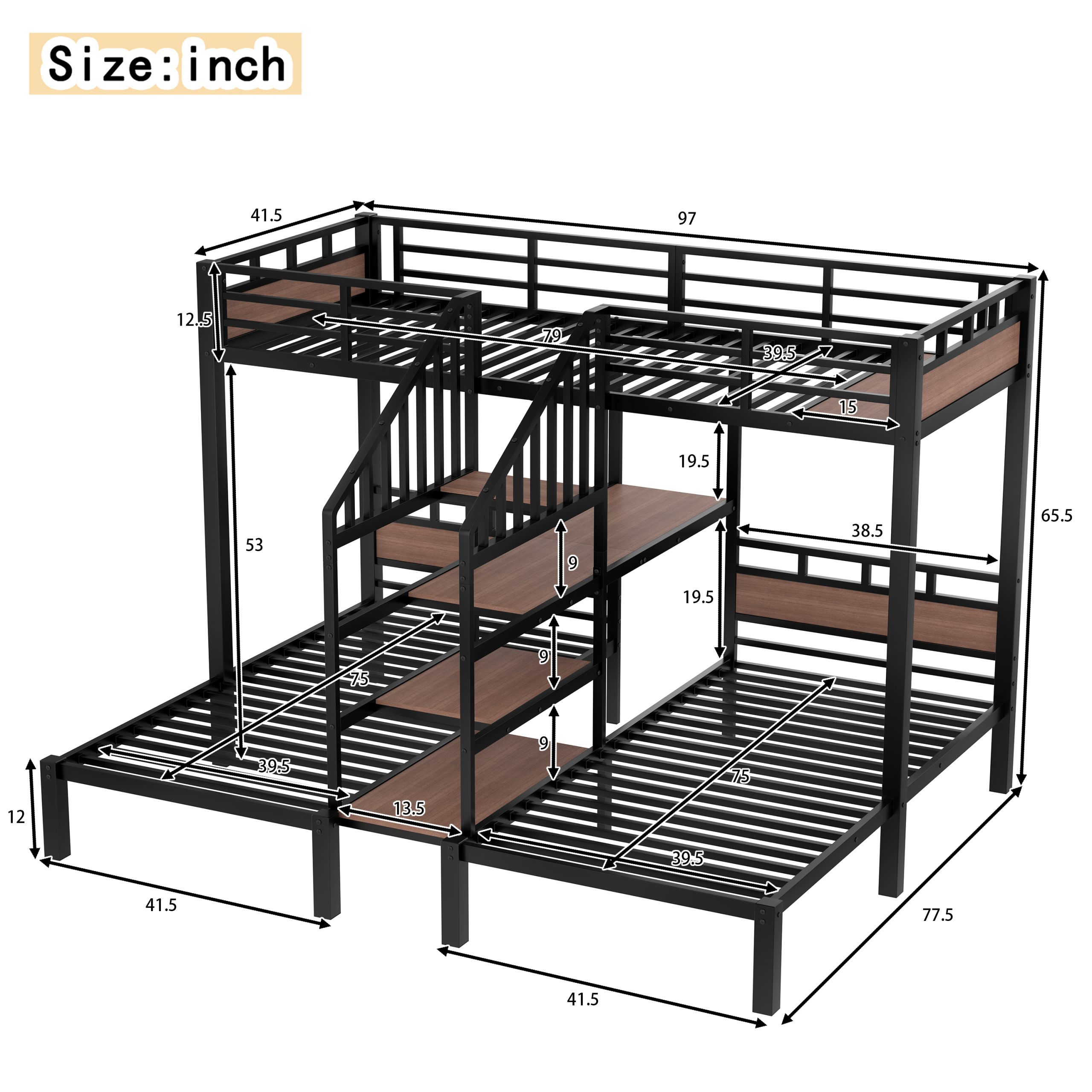 Twin over Twin over Twin Metal Bunk Bed ,triple metal bunk bed with Storage shelves and storage stairs,Black - Image 4