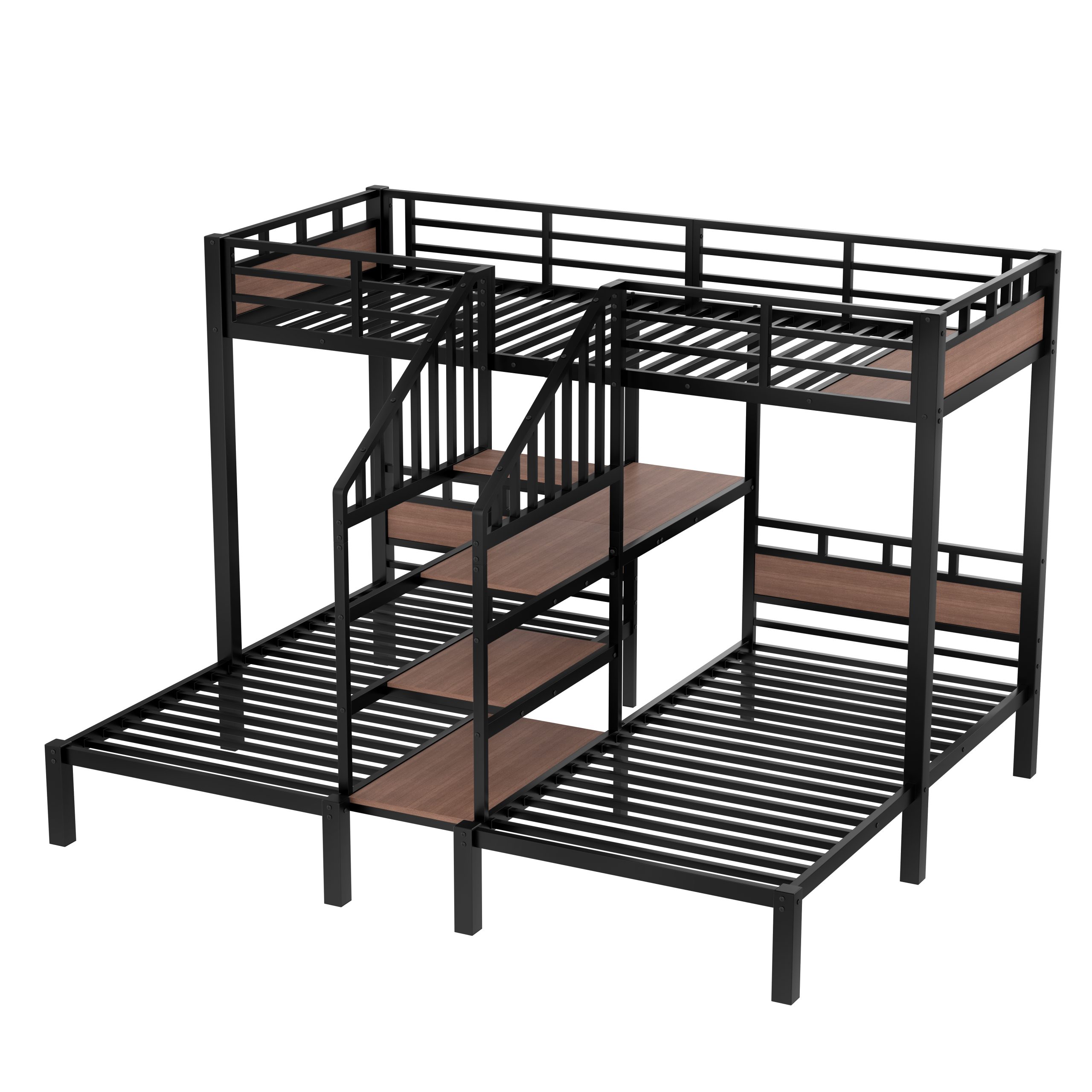 Twin over Twin over Twin Metal Bunk Bed ,triple metal bunk bed with Storage shelves and storage stairs,Black - Image 5