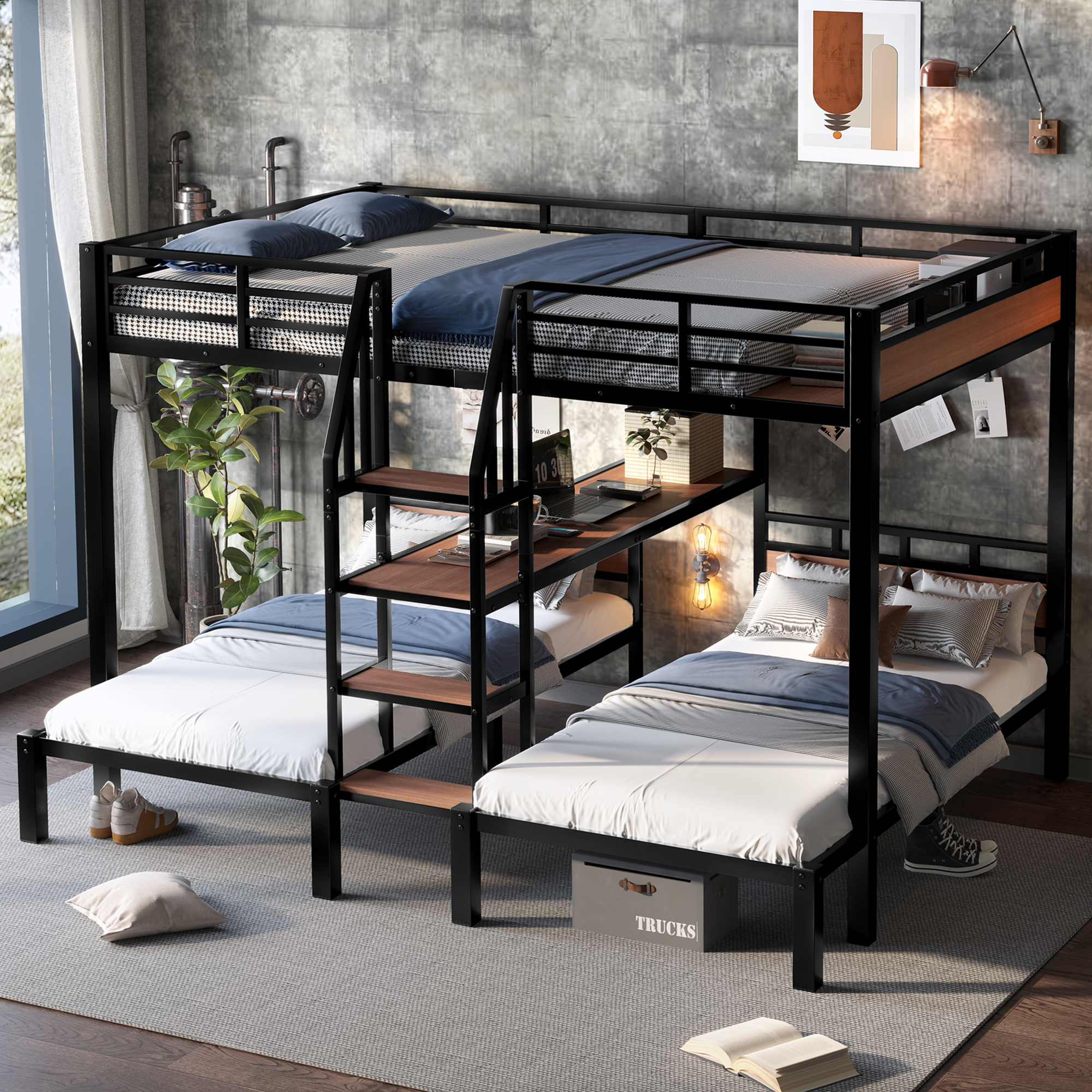 Queen over Twin over Twin Metal Bunk Bed ,triple metal bunk bed with Storage shelves and storage stairs,Black