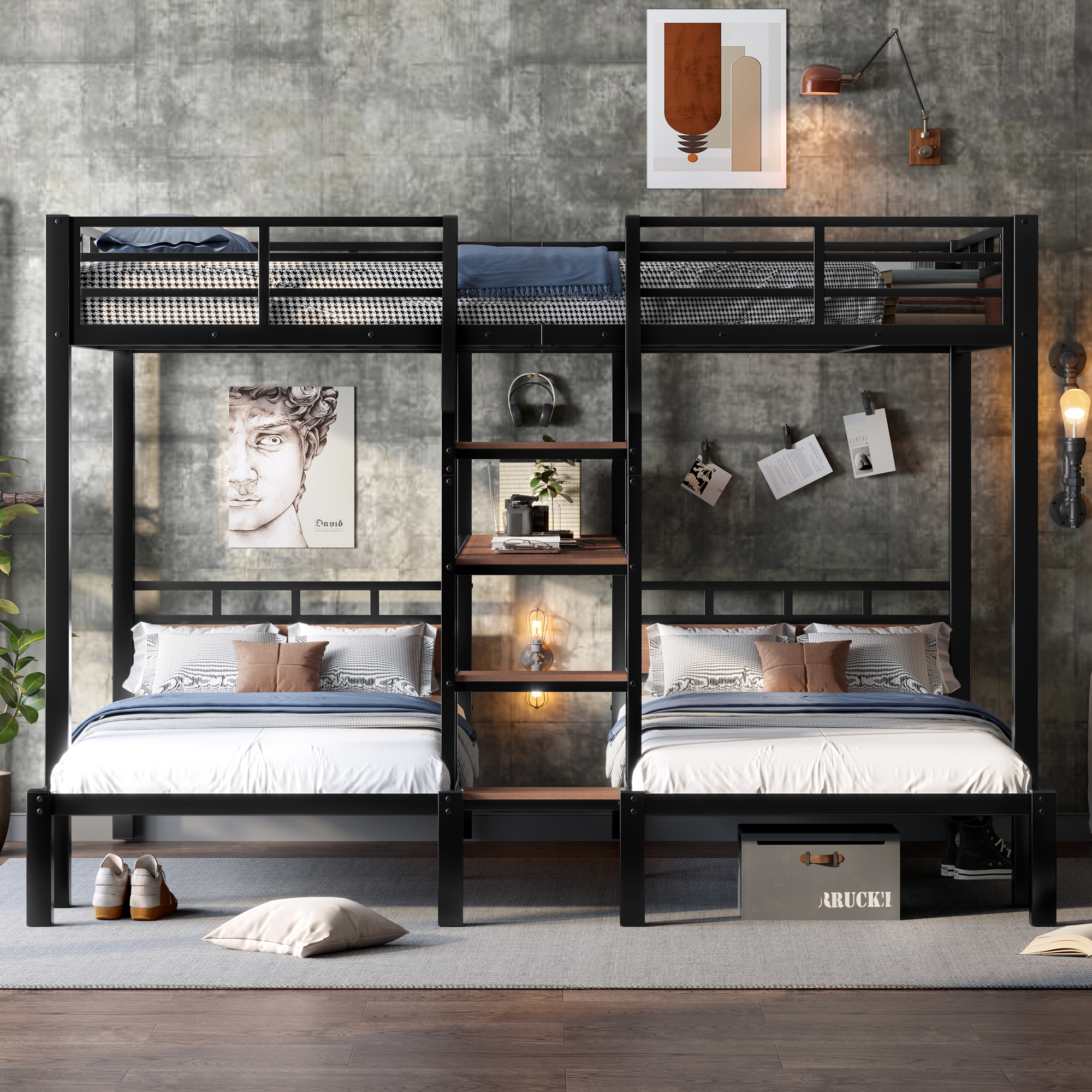 Queen over Twin over Twin Metal Bunk Bed ,triple metal bunk bed with Storage shelves and storage stairs,Black - Image 2