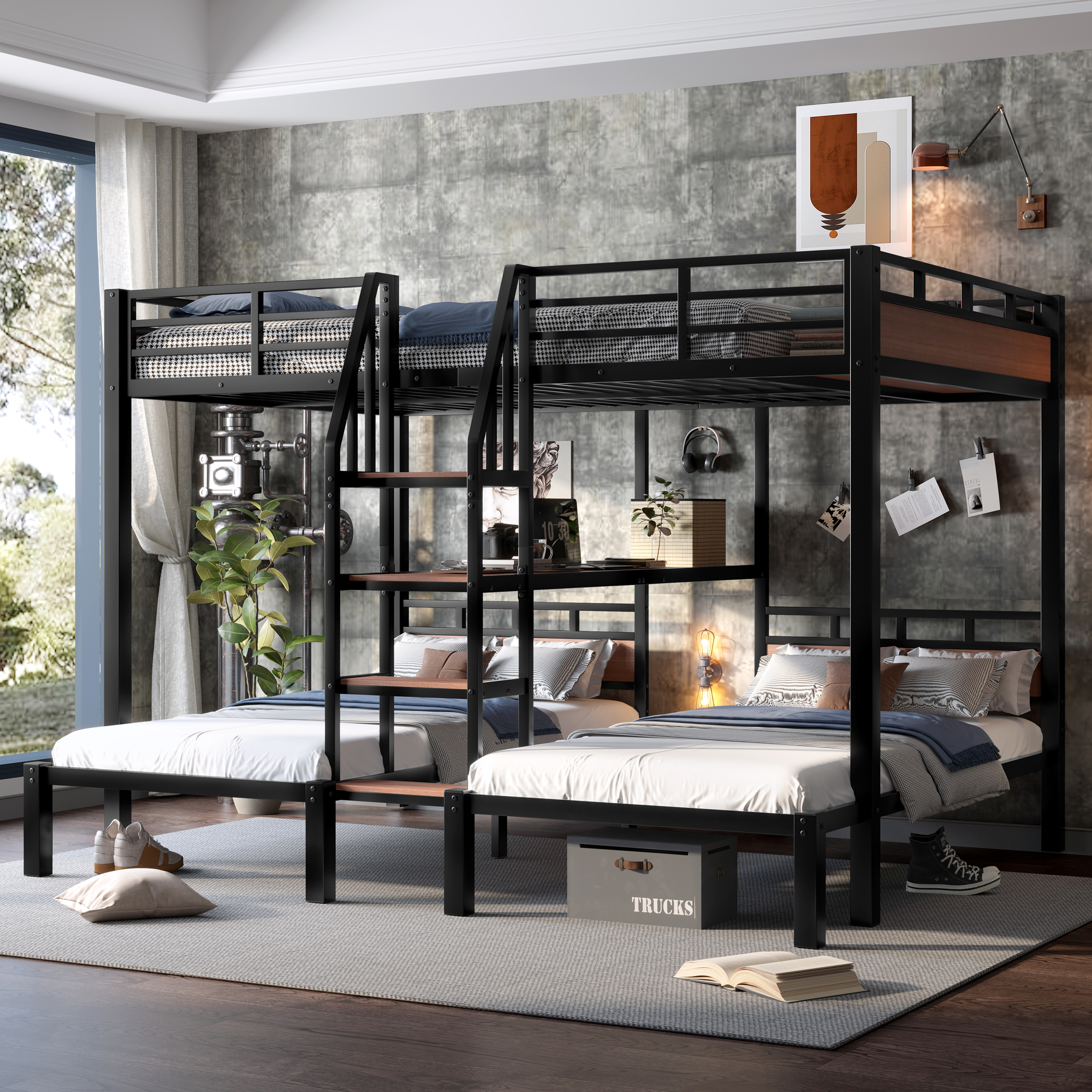 Queen over Twin over Twin Metal Bunk Bed ,triple metal bunk bed with Storage shelves and storage stairs,Black - Image 3