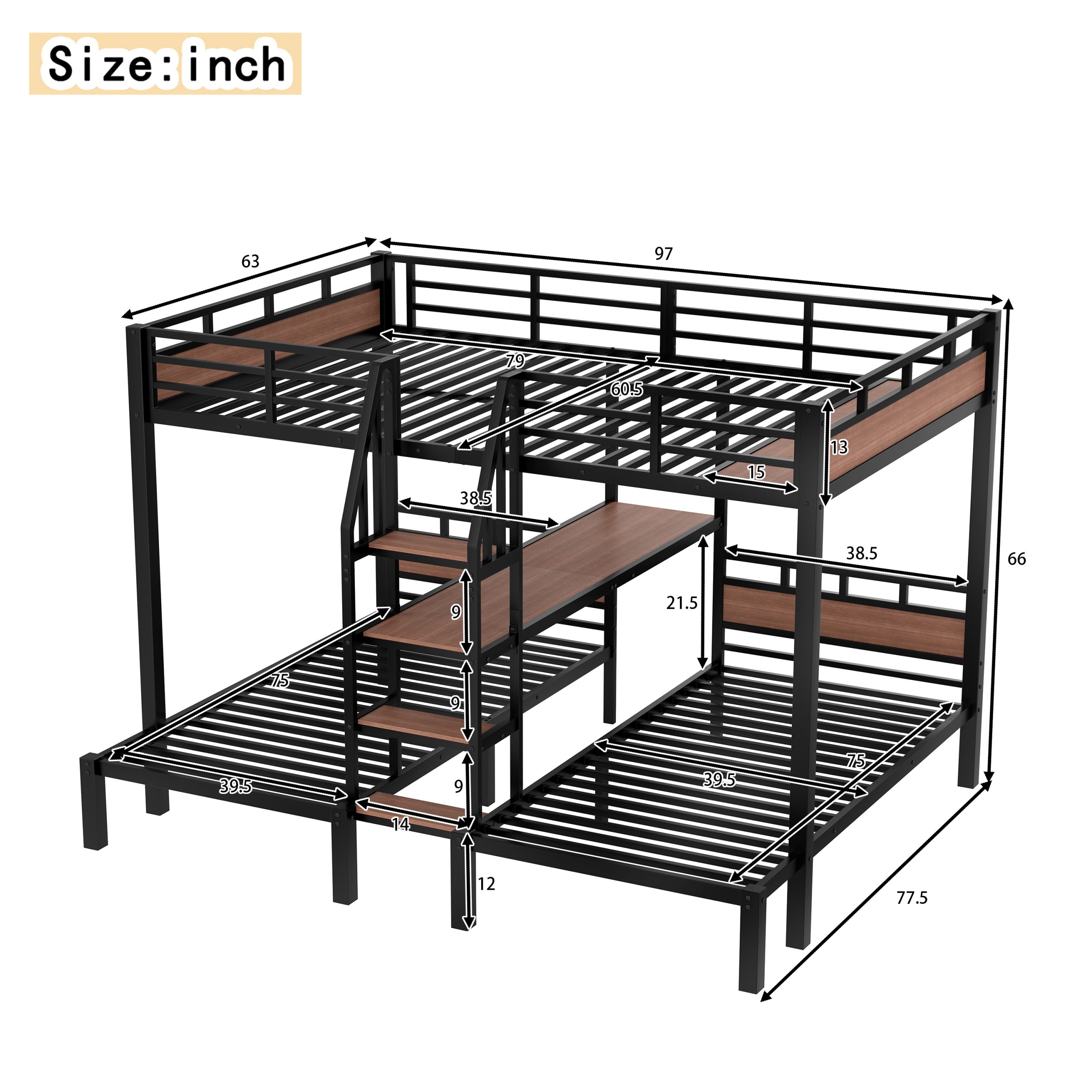 Queen over Twin over Twin Metal Bunk Bed ,triple metal bunk bed with Storage shelves and storage stairs,Black - Image 4