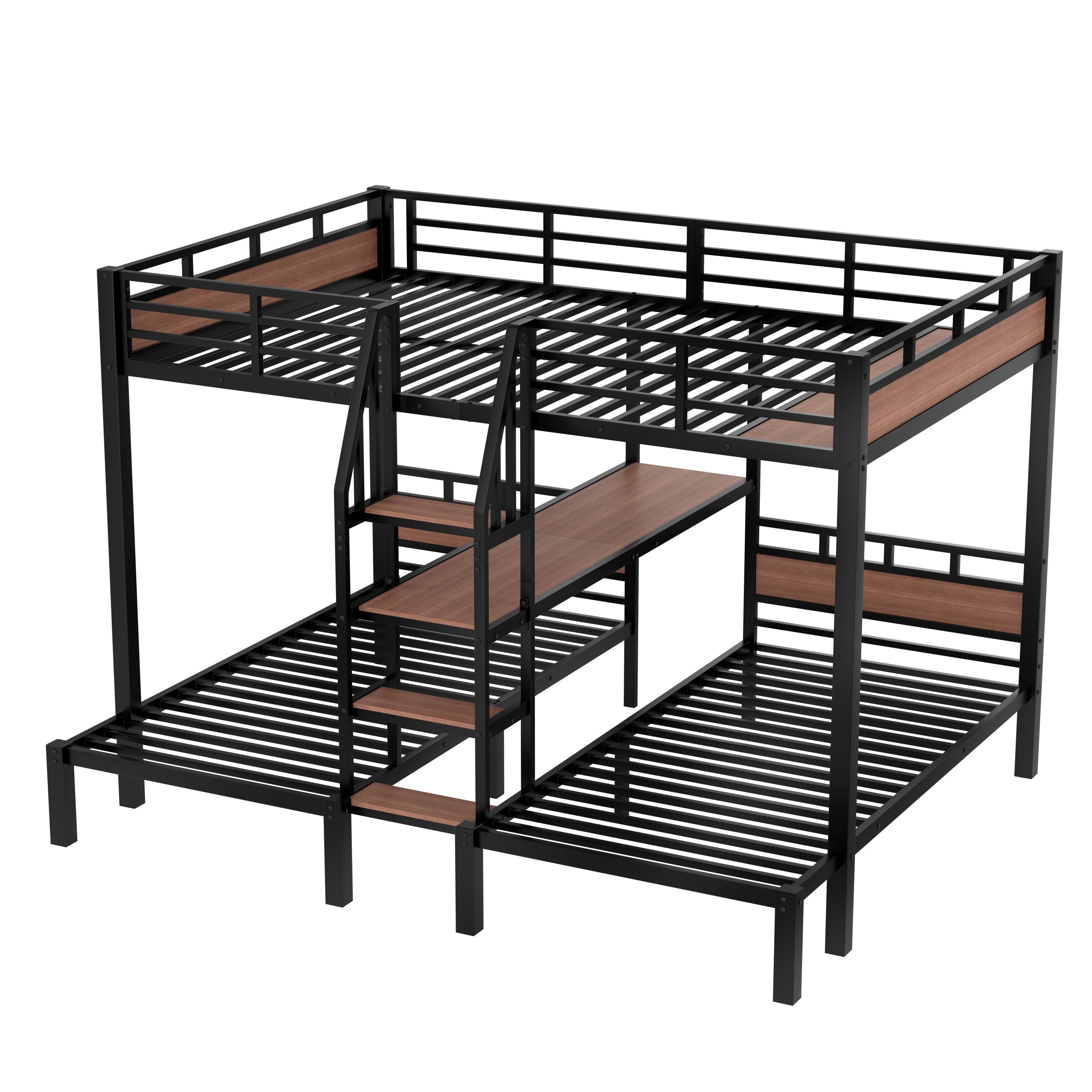 Queen over Twin over Twin Metal Bunk Bed ,triple metal bunk bed with Storage shelves and storage stairs,Black - Image 5
