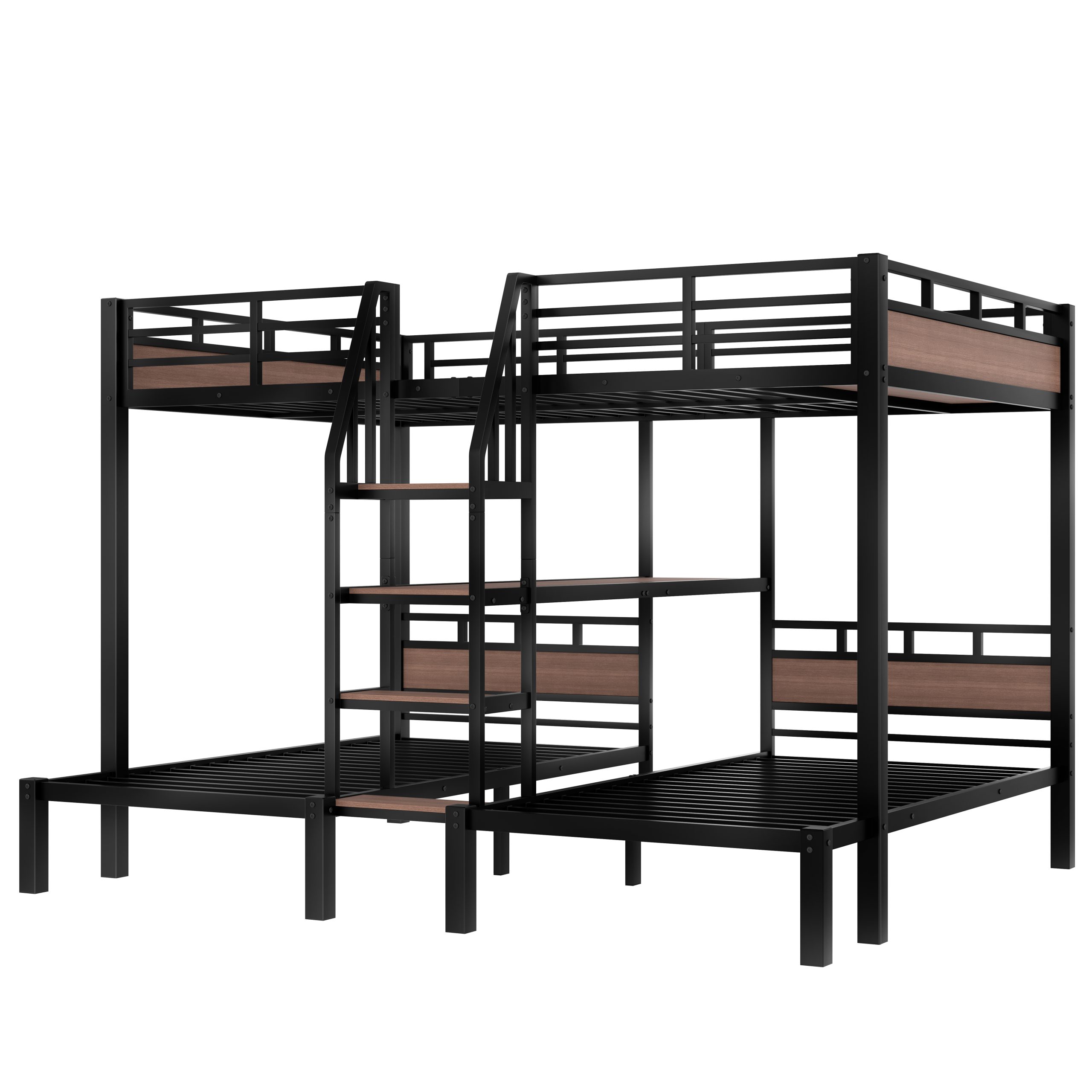 Queen over Twin over Twin Metal Bunk Bed ,triple metal bunk bed with Storage shelves and storage stairs,Black - Image 6