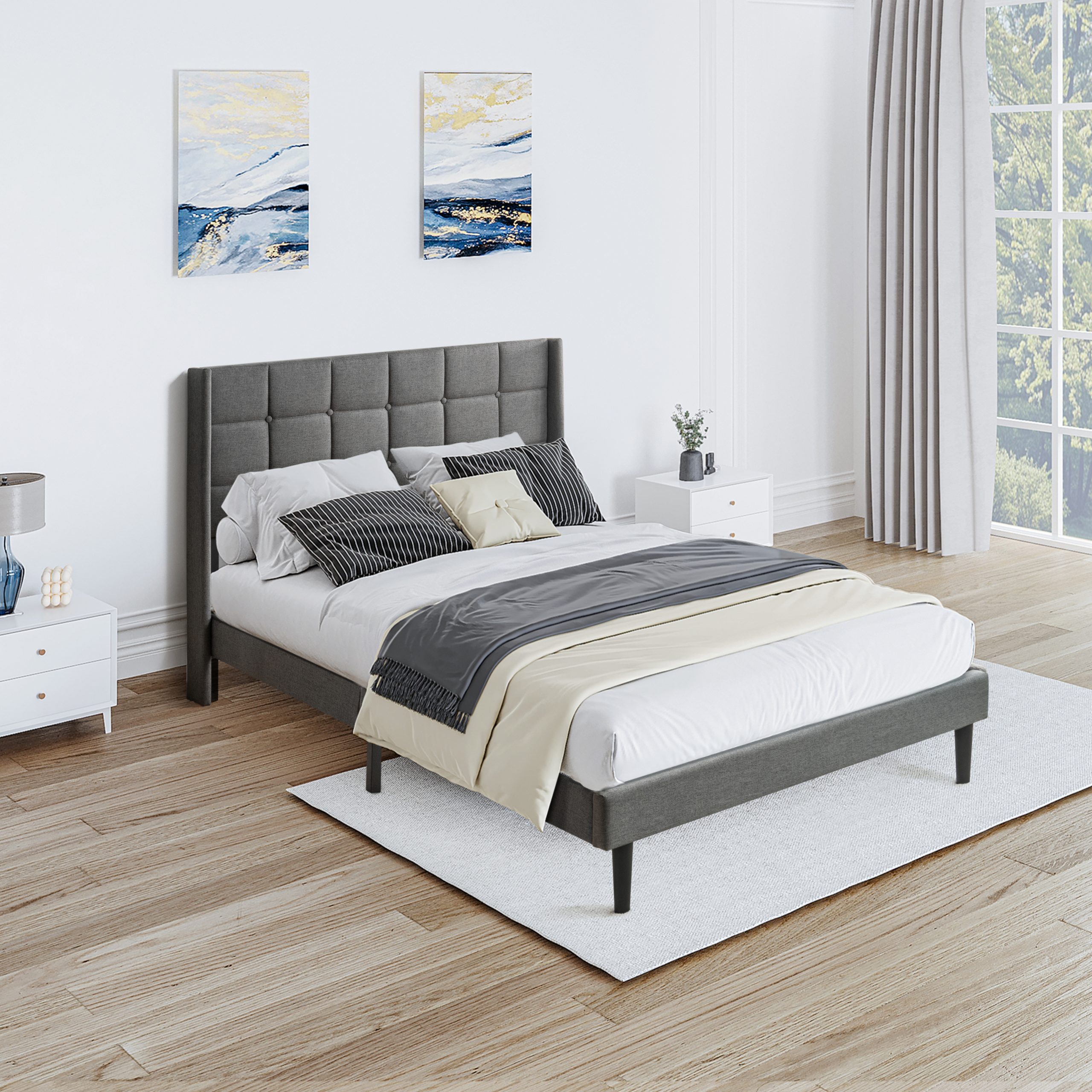 Queen Size Upholstered Platform Bed Frame with Modern Button Tufted Linen Fabric Headboard, No Box Spring Needed, Wood Slat Support, Easy Assembly, Drak Grey - Image 1