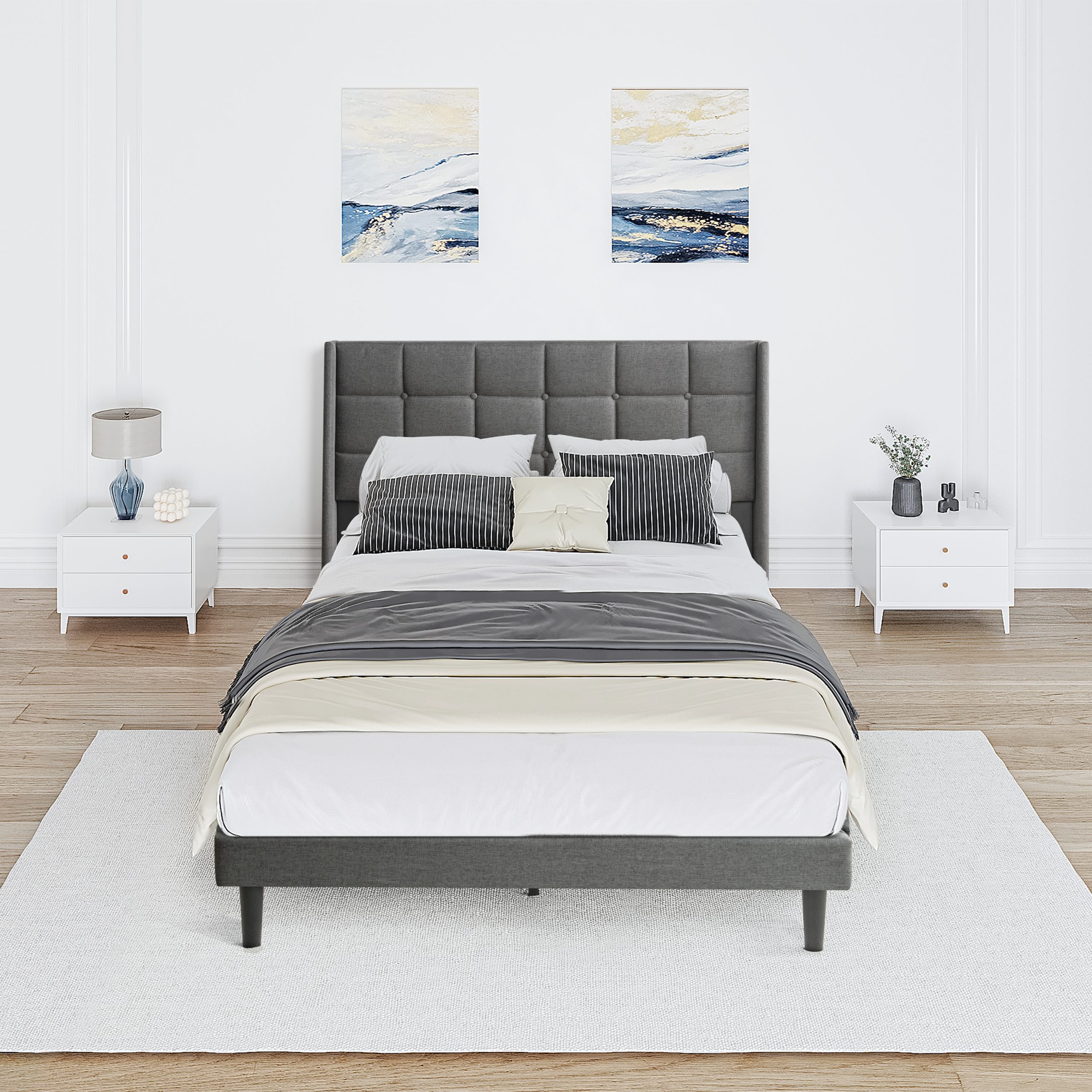 Queen Size Upholstered Platform Bed Frame with Modern Button Tufted Linen Fabric Headboard, No Box Spring Needed, Wood Slat Support, Easy Assembly, Drak Grey - Image 2