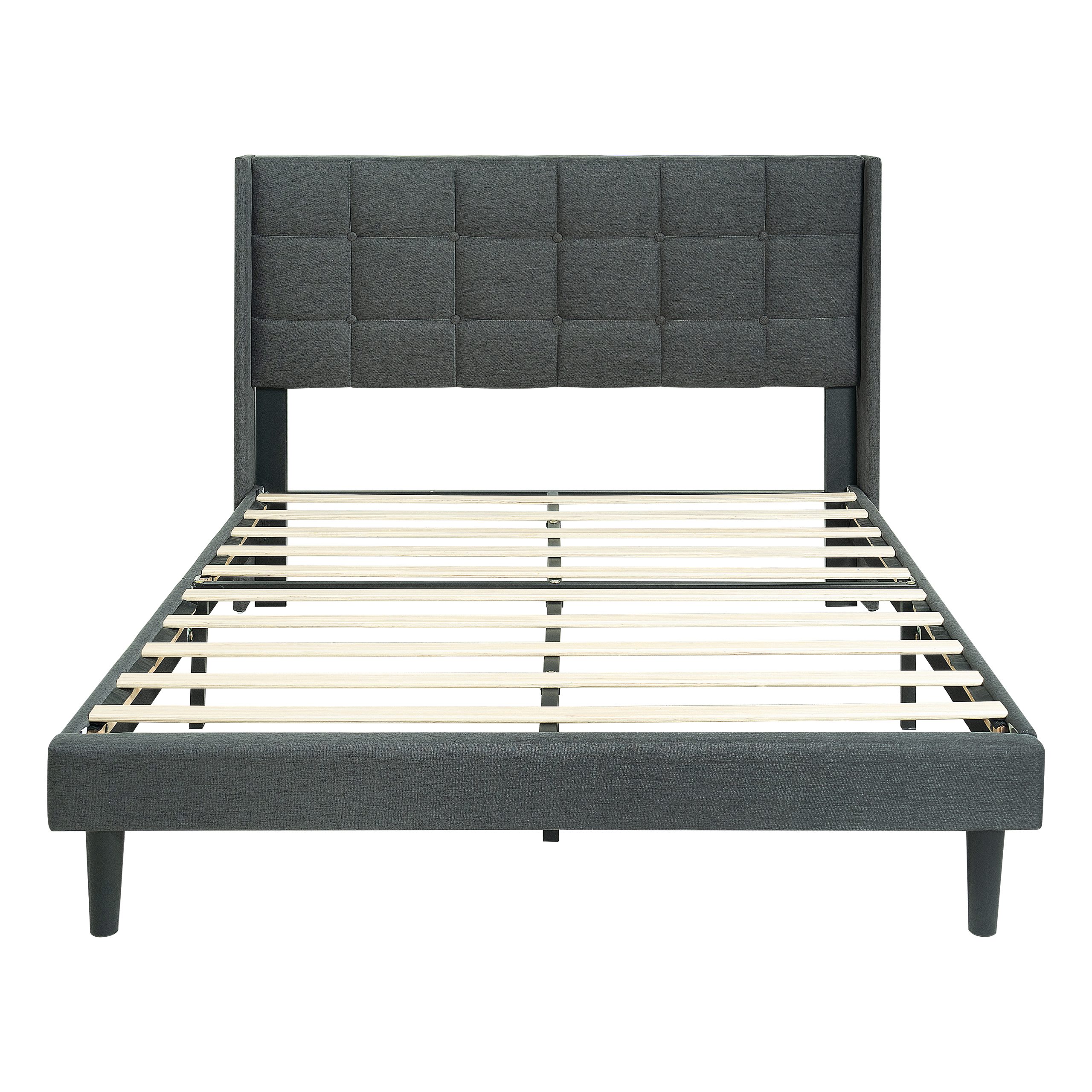 Queen Size Upholstered Platform Bed Frame with Modern Button Tufted Linen Fabric Headboard, No Box Spring Needed, Wood Slat Support, Easy Assembly, Drak Grey - Image 3