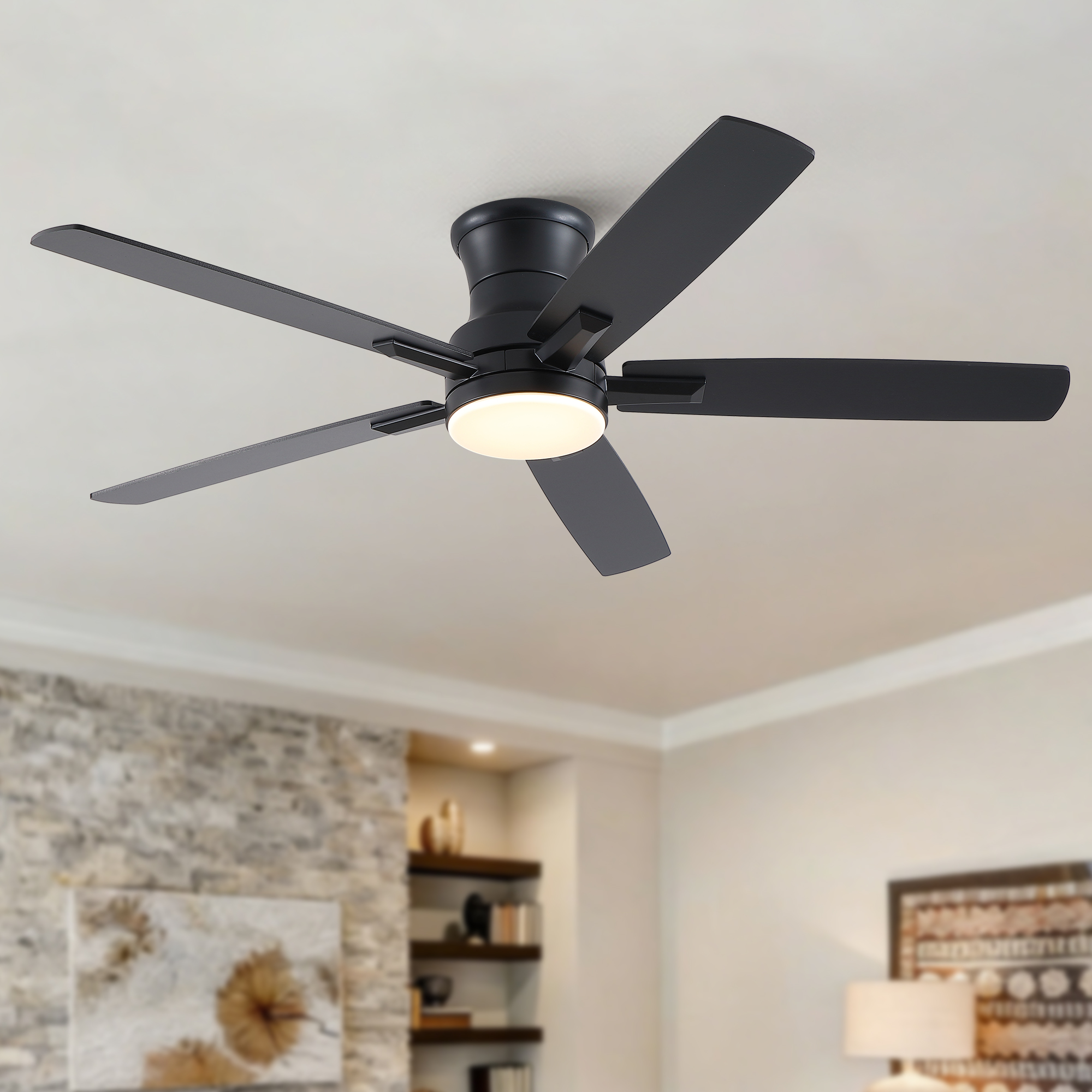52" Mordern Farmhouse Matte Black Flush Mount Low Profile Ceiling Fan with Light and Remote Control Reversible Quiet Motor - Image 2