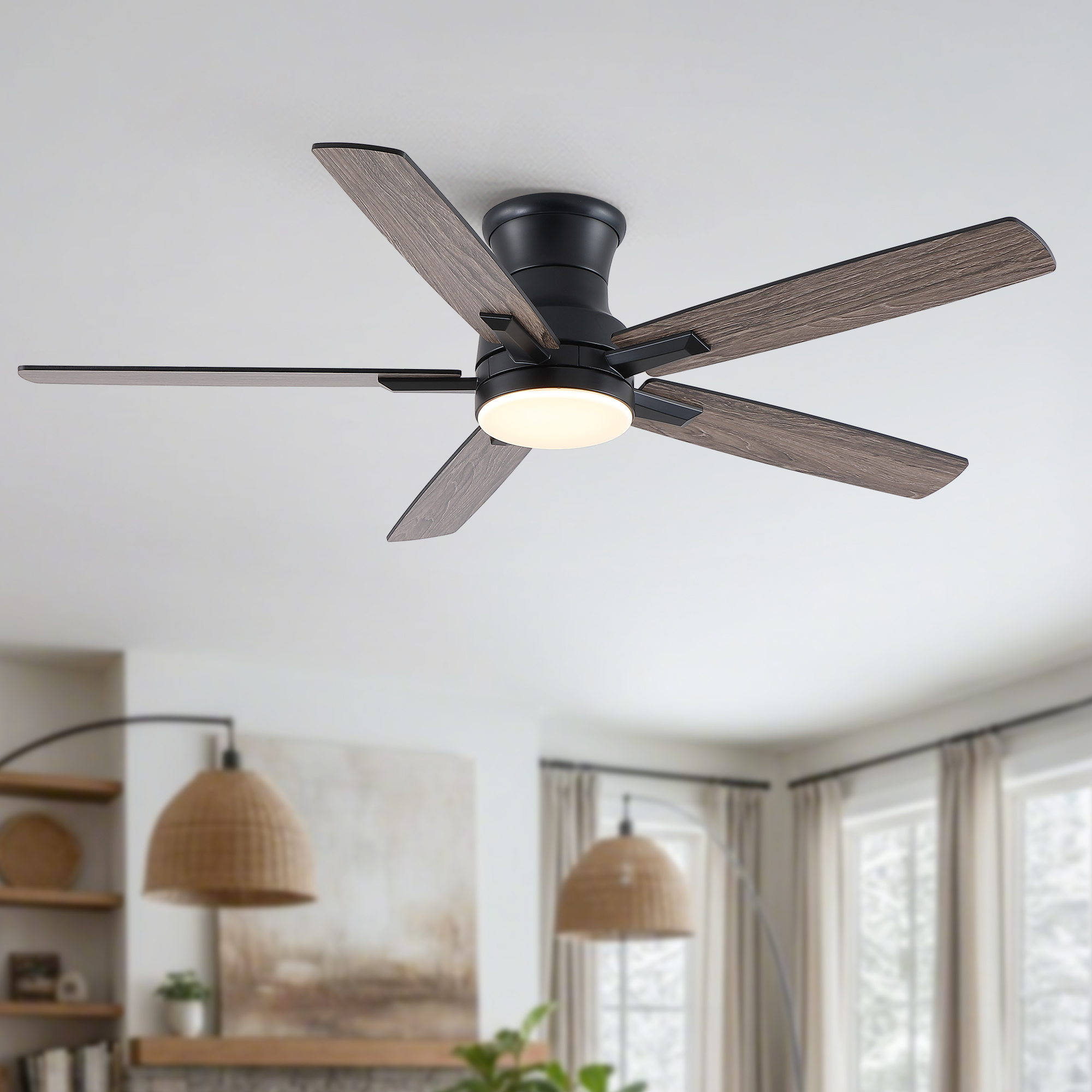 52" Mordern Farmhouse Matte Black Flush Mount Low Profile Ceiling Fan with Light and Remote Control Reversible Quiet Motor - Image 3