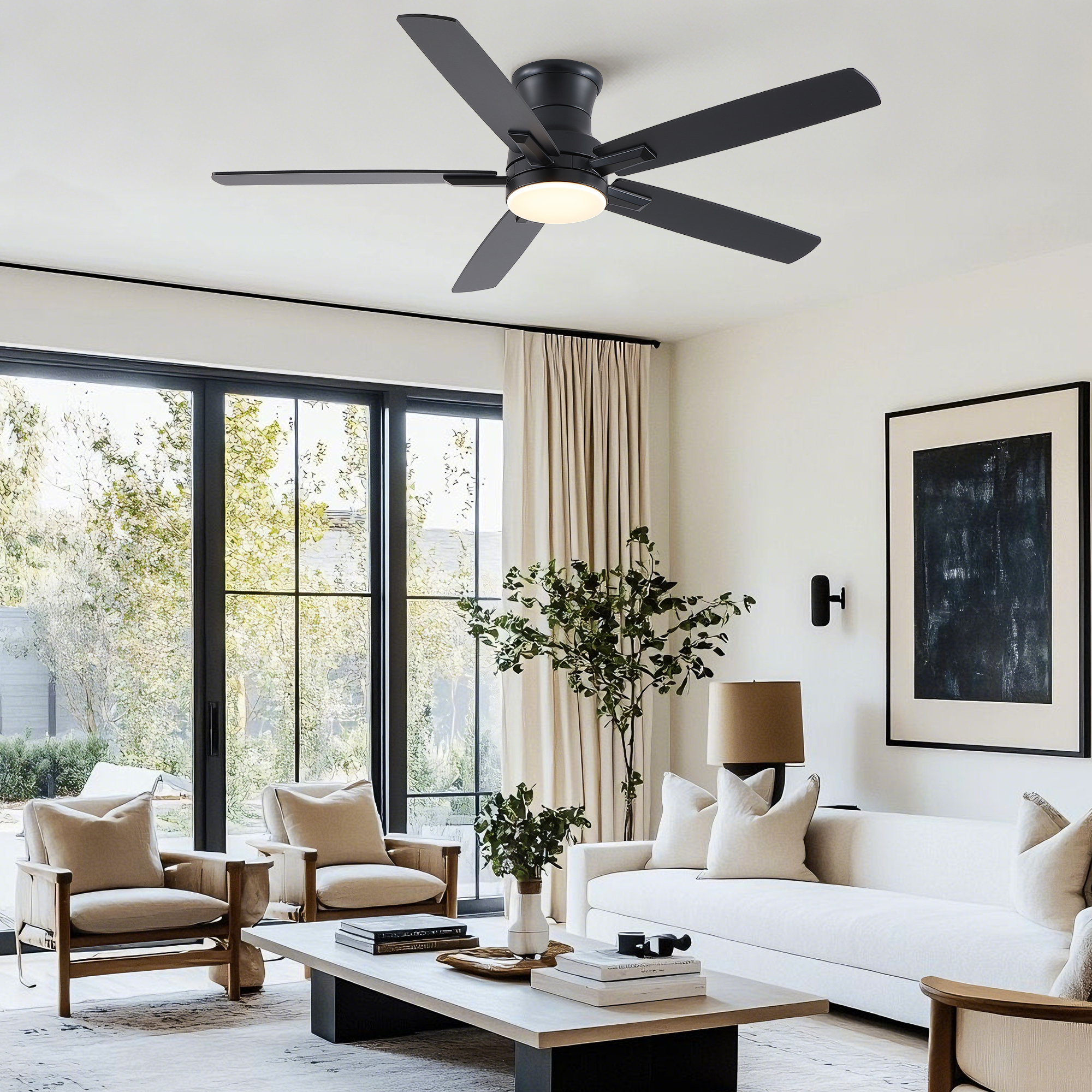 52" Mordern Farmhouse Matte Black Flush Mount Low Profile Ceiling Fan with Light and Remote Control Reversible Quiet Motor - Image 4