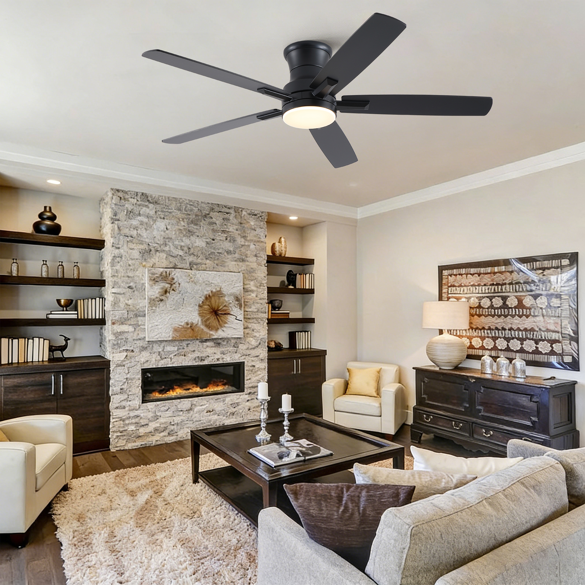 52" Mordern Farmhouse Matte Black Flush Mount Low Profile Ceiling Fan with Light and Remote Control Reversible Quiet Motor - Image 5