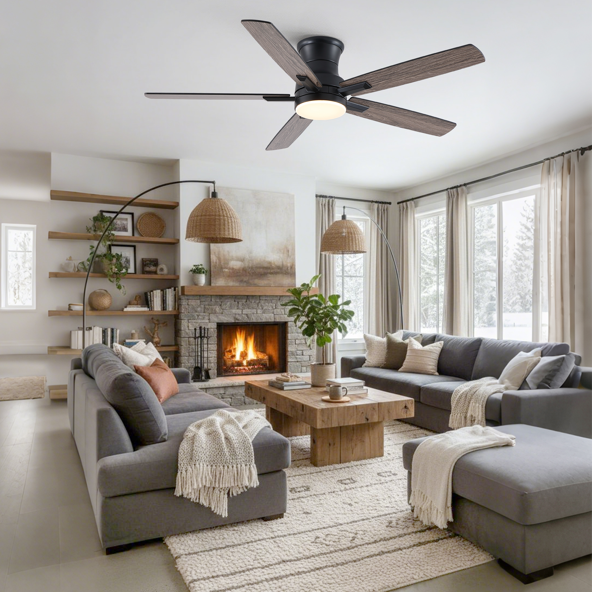 52" Mordern Farmhouse Matte Black Flush Mount Low Profile Ceiling Fan with Light and Remote Control Reversible Quiet Motor - Image 6