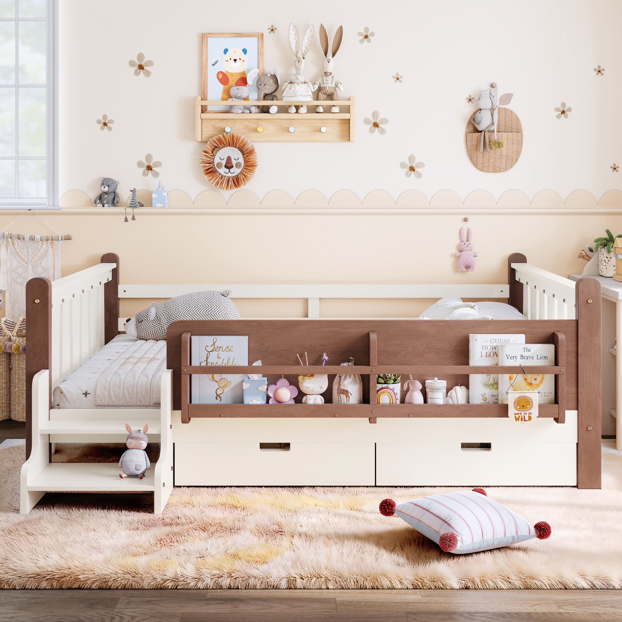 Full Size Floor Bed with Storage Bookcases and Drawers, Solid Wood Kids Floor Bed with Cute Stairs and Guardrails, No Box Spring Needed, Beige - Image 2