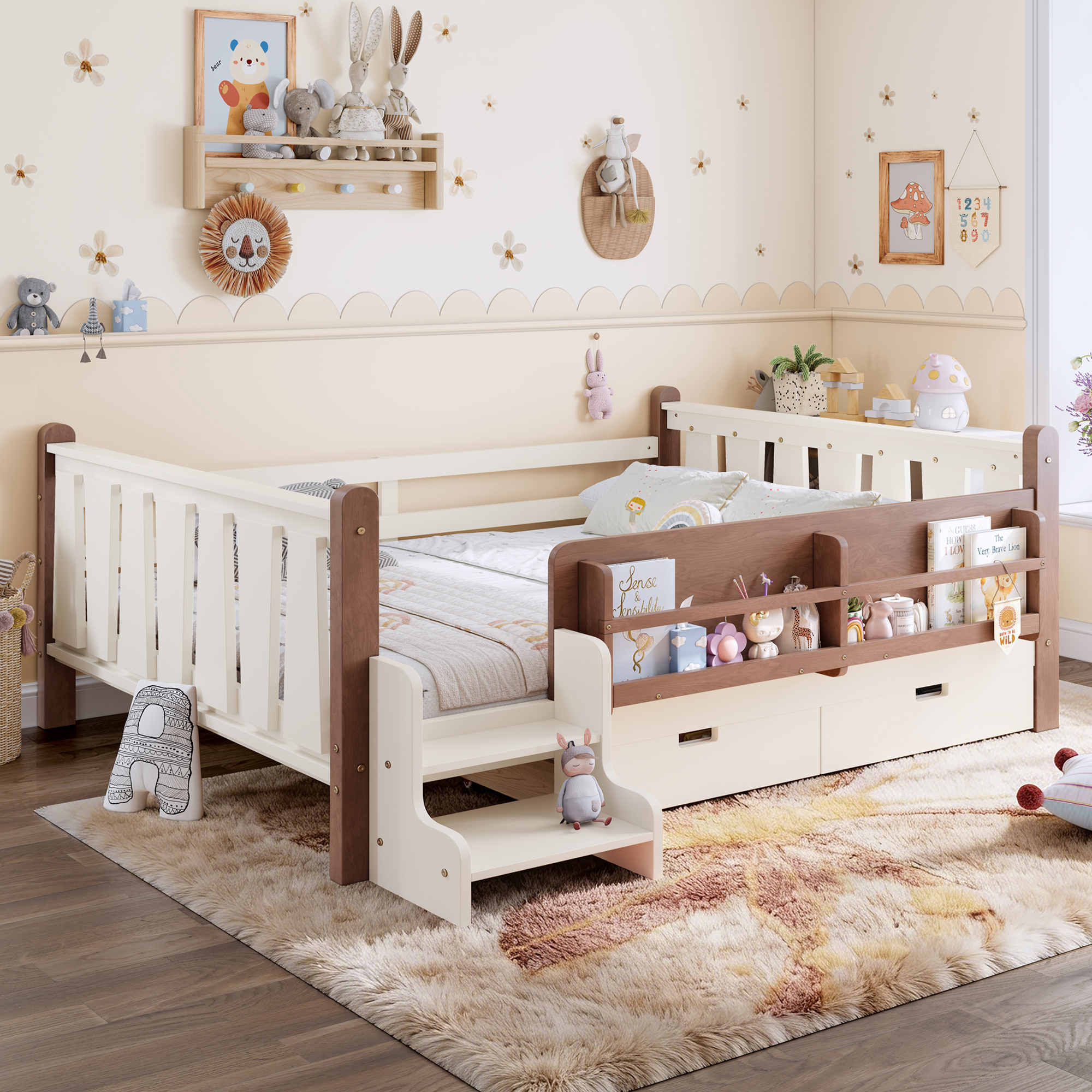 Full Size Floor Bed with Storage Bookcases and Drawers, Solid Wood Kids Floor Bed with Cute Stairs and Guardrails, No Box Spring Needed, Beige - Image 3