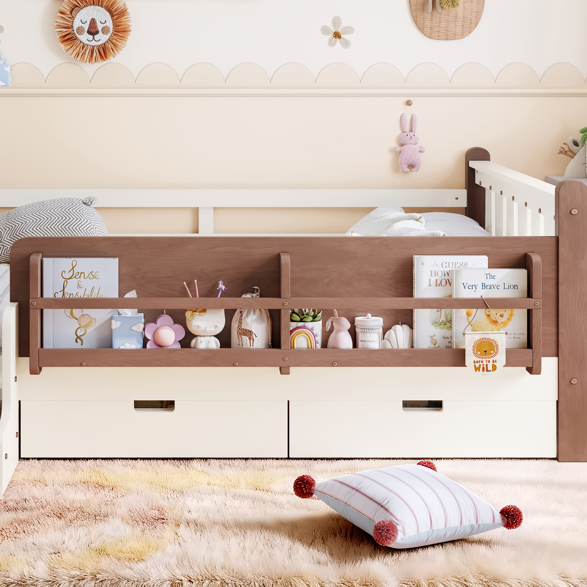 Full Size Floor Bed with Storage Bookcases and Drawers, Solid Wood Kids Floor Bed with Cute Stairs and Guardrails, No Box Spring Needed, Beige - Image 4