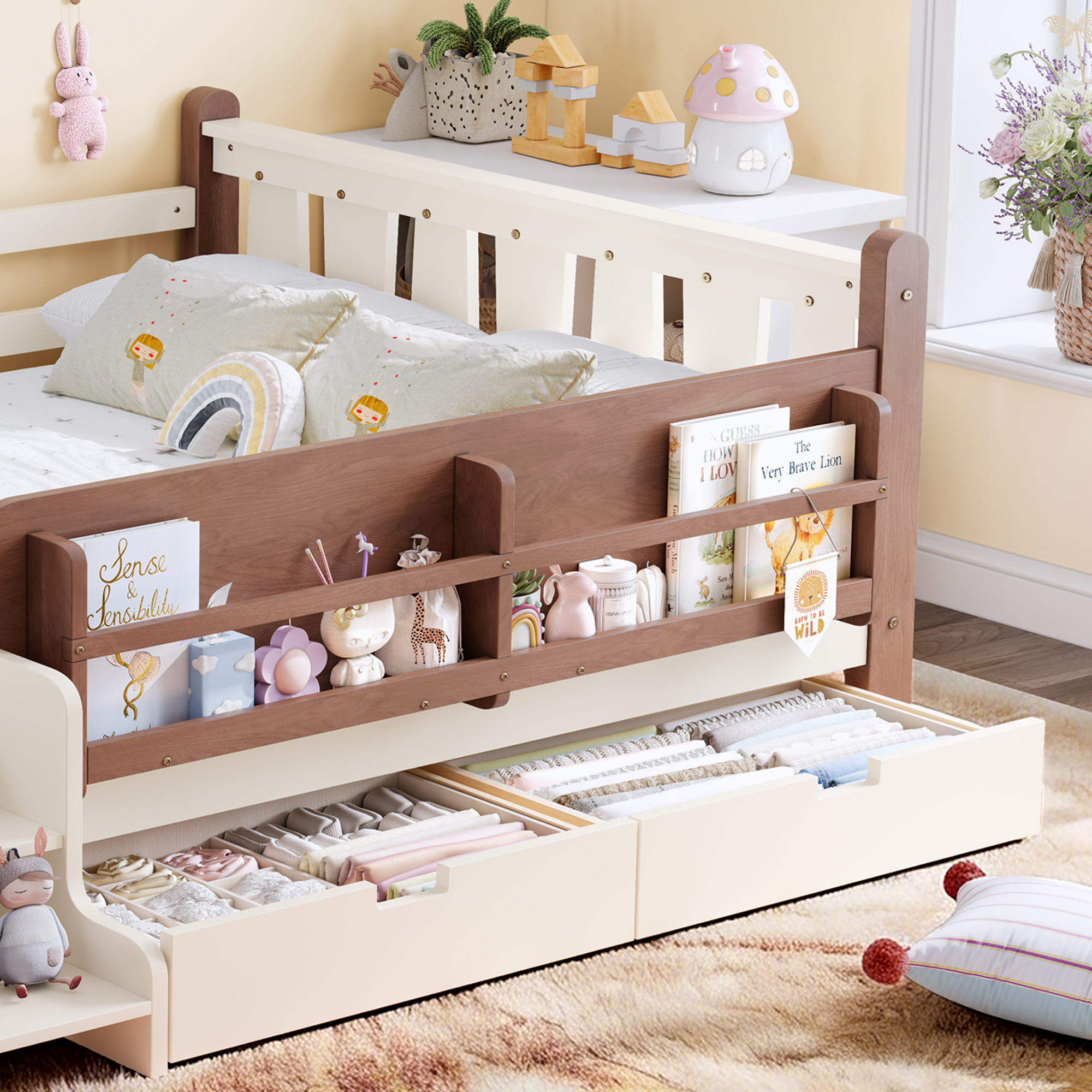 Full Size Floor Bed with Storage Bookcases and Drawers, Solid Wood Kids Floor Bed with Cute Stairs and Guardrails, No Box Spring Needed, Beige - Image 5