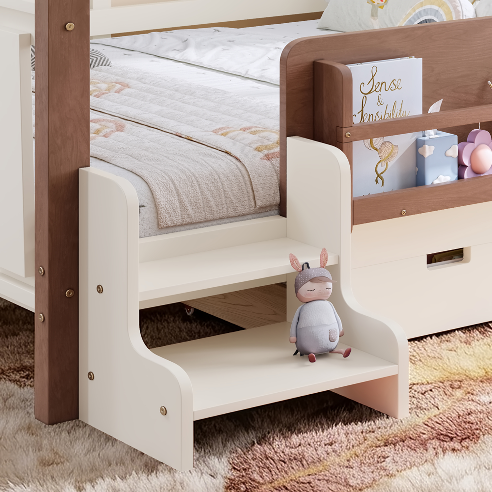 Full Size Floor Bed with Storage Bookcases and Drawers, Solid Wood Kids Floor Bed with Cute Stairs and Guardrails, No Box Spring Needed, Beige - Image 6