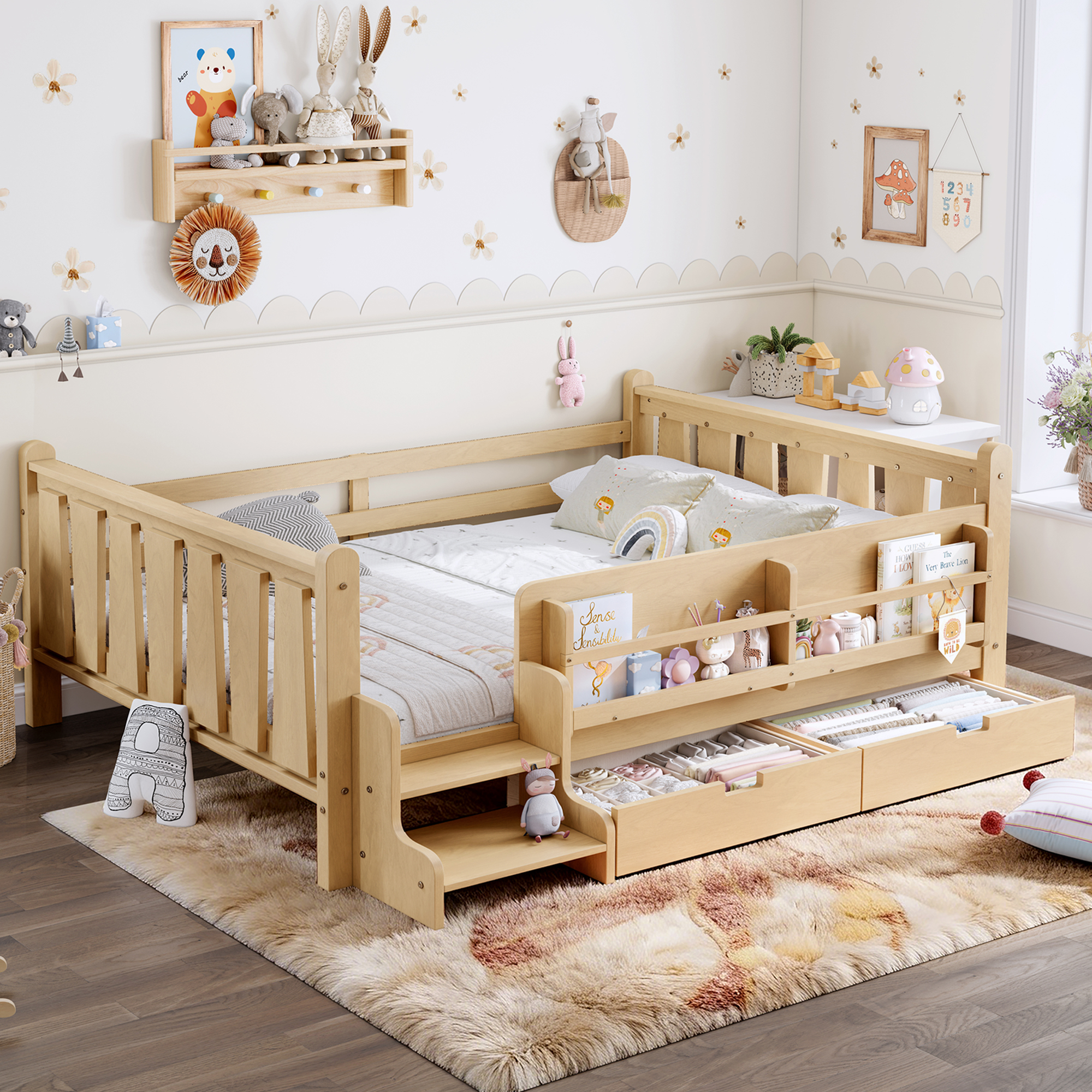 Full Size Floor Bed with Storage Bookcases and Drawers, Solid Wood Kids Floor Bed with Cute Stairs and Guardrails, No Box Spring Needed, Light Natural - Image 1