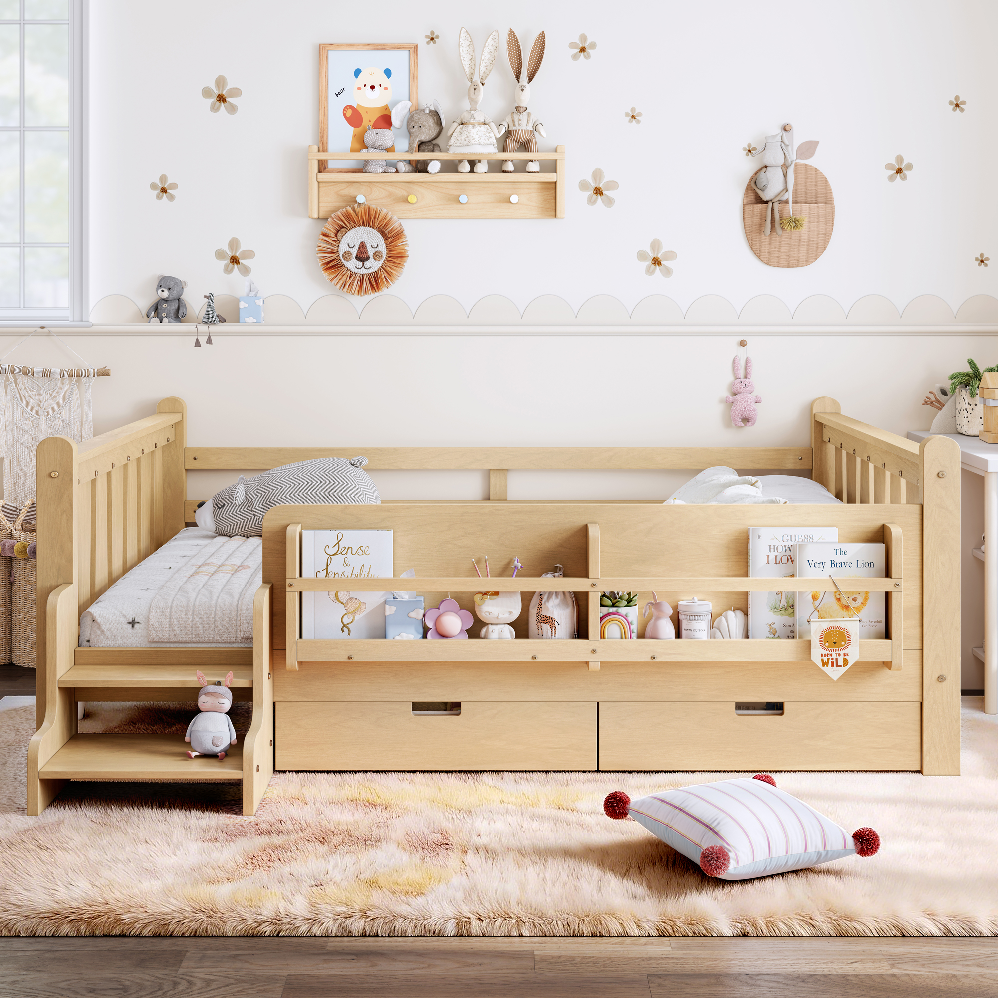 Full Size Floor Bed with Storage Bookcases and Drawers, Solid Wood Kids Floor Bed with Cute Stairs and Guardrails, No Box Spring Needed, Light Natural - Image 2