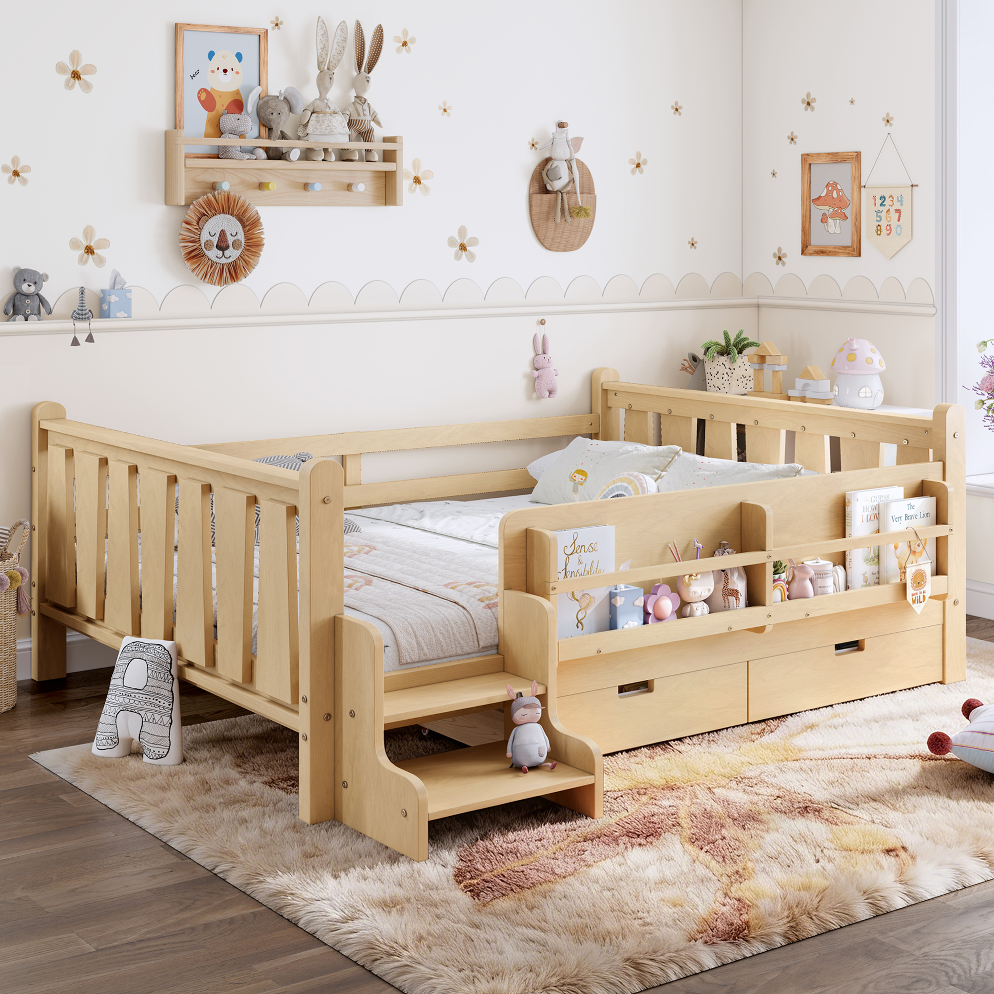 Full Size Floor Bed with Storage Bookcases and Drawers, Solid Wood Kids Floor Bed with Cute Stairs and Guardrails, No Box Spring Needed, Light Natural - Image 3