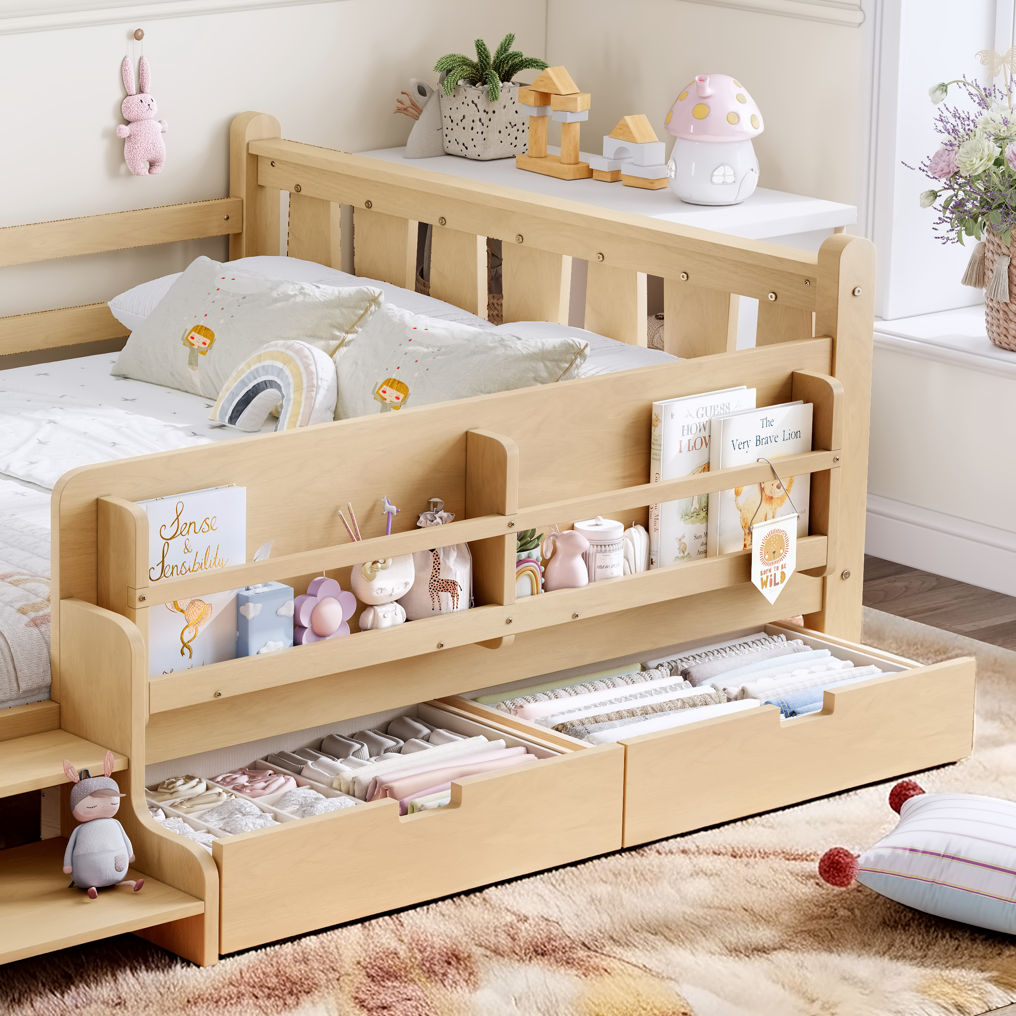 Full Size Floor Bed with Storage Bookcases and Drawers, Solid Wood Kids Floor Bed with Cute Stairs and Guardrails, No Box Spring Needed, Light Natural - Image 4