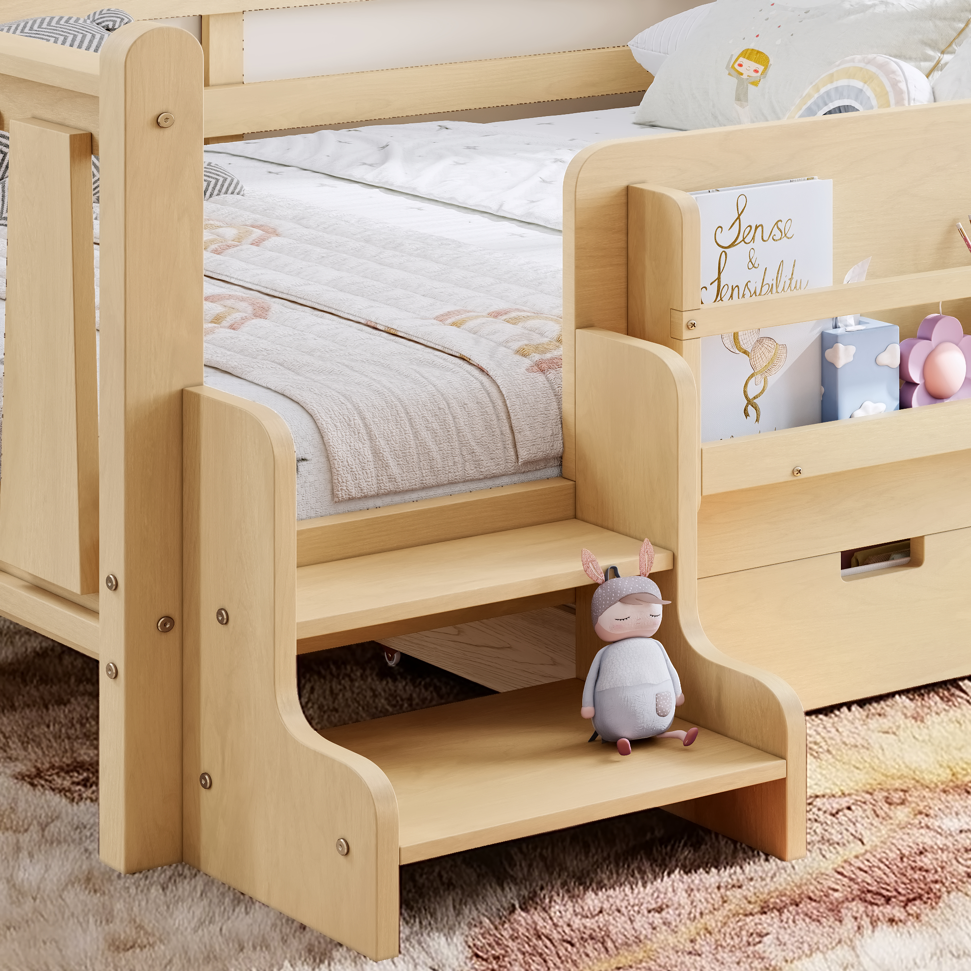 Full Size Floor Bed with Storage Bookcases and Drawers, Solid Wood Kids Floor Bed with Cute Stairs and Guardrails, No Box Spring Needed, Light Natural - Image 5