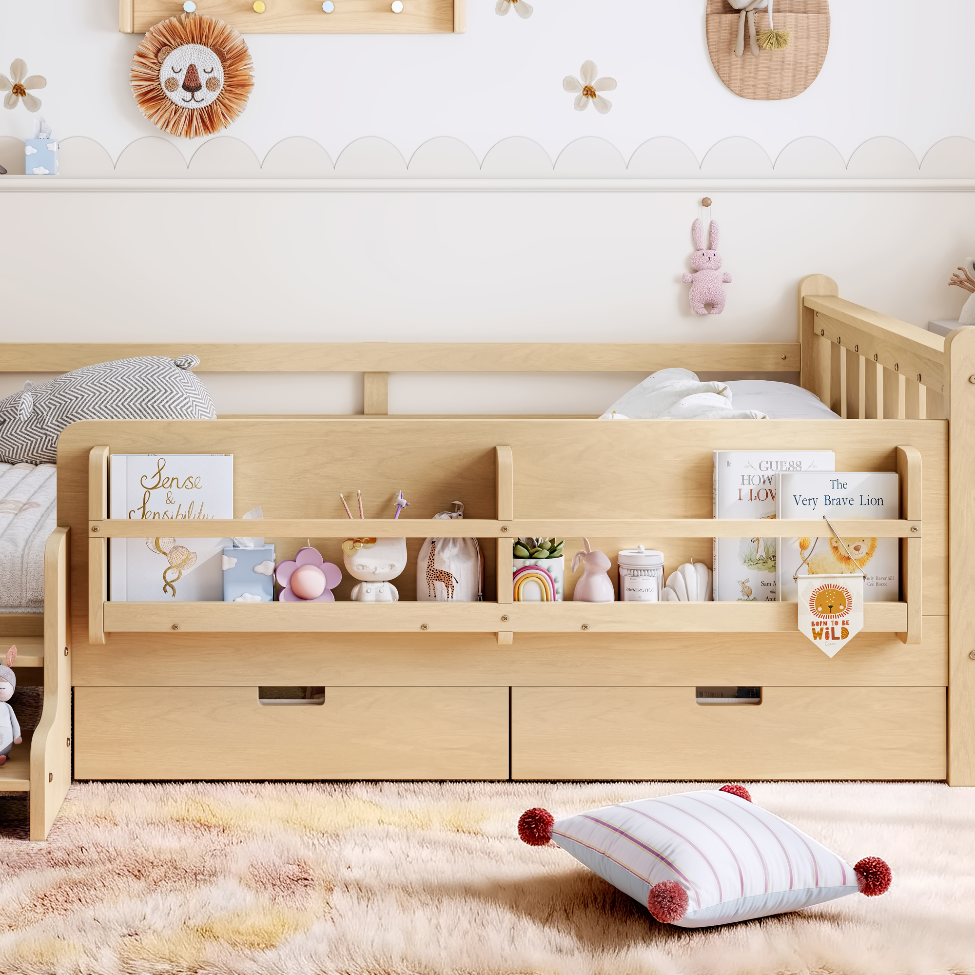 Full Size Floor Bed with Storage Bookcases and Drawers, Solid Wood Kids Floor Bed with Cute Stairs and Guardrails, No Box Spring Needed, Light Natural - Image 6