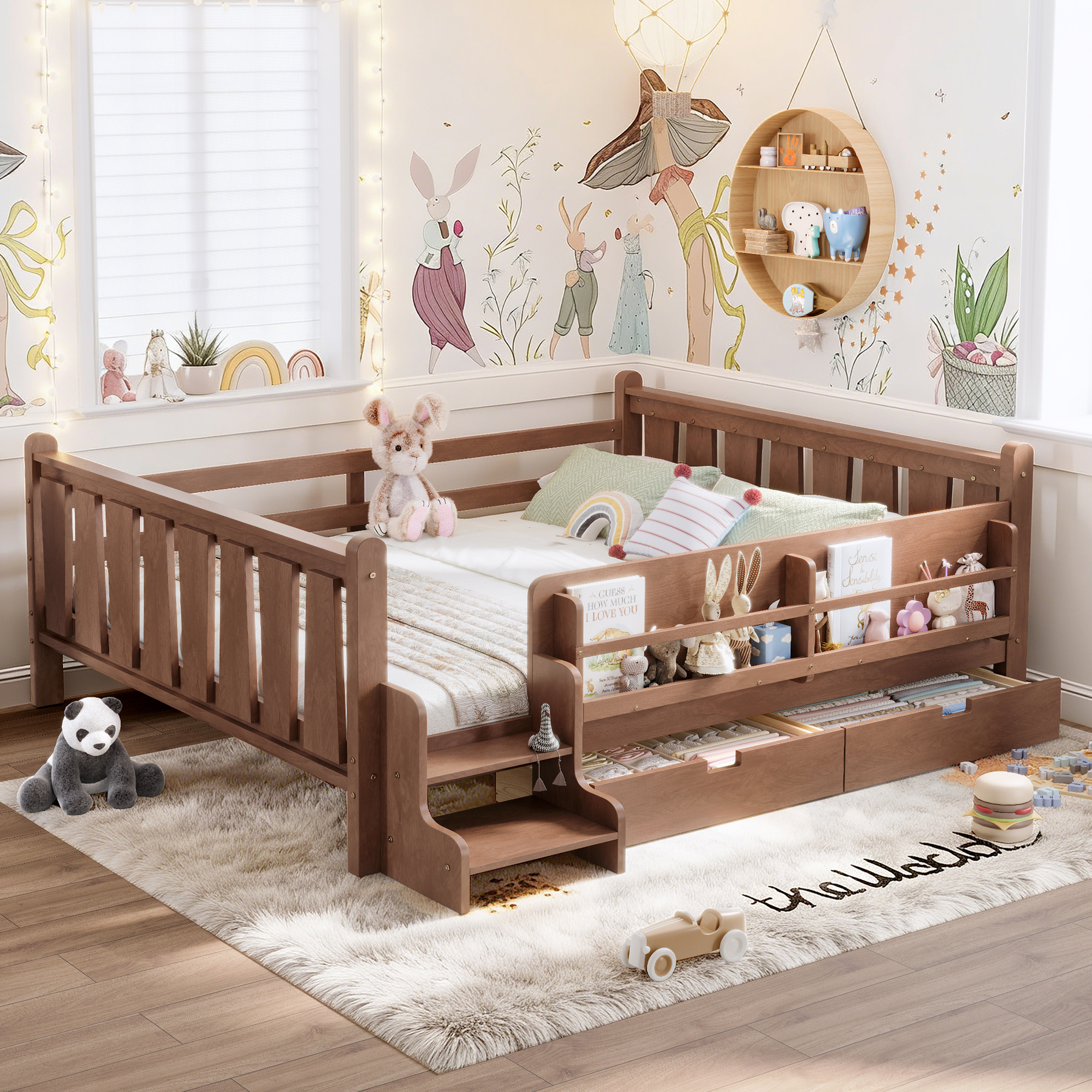 Queen Size Floor Bed with Storage Bookcases and Drawers, Solid Wood Kids Floor Bed with Cute Stairs and Guardrails, No Box Spring Needed, Natural - Image 1
