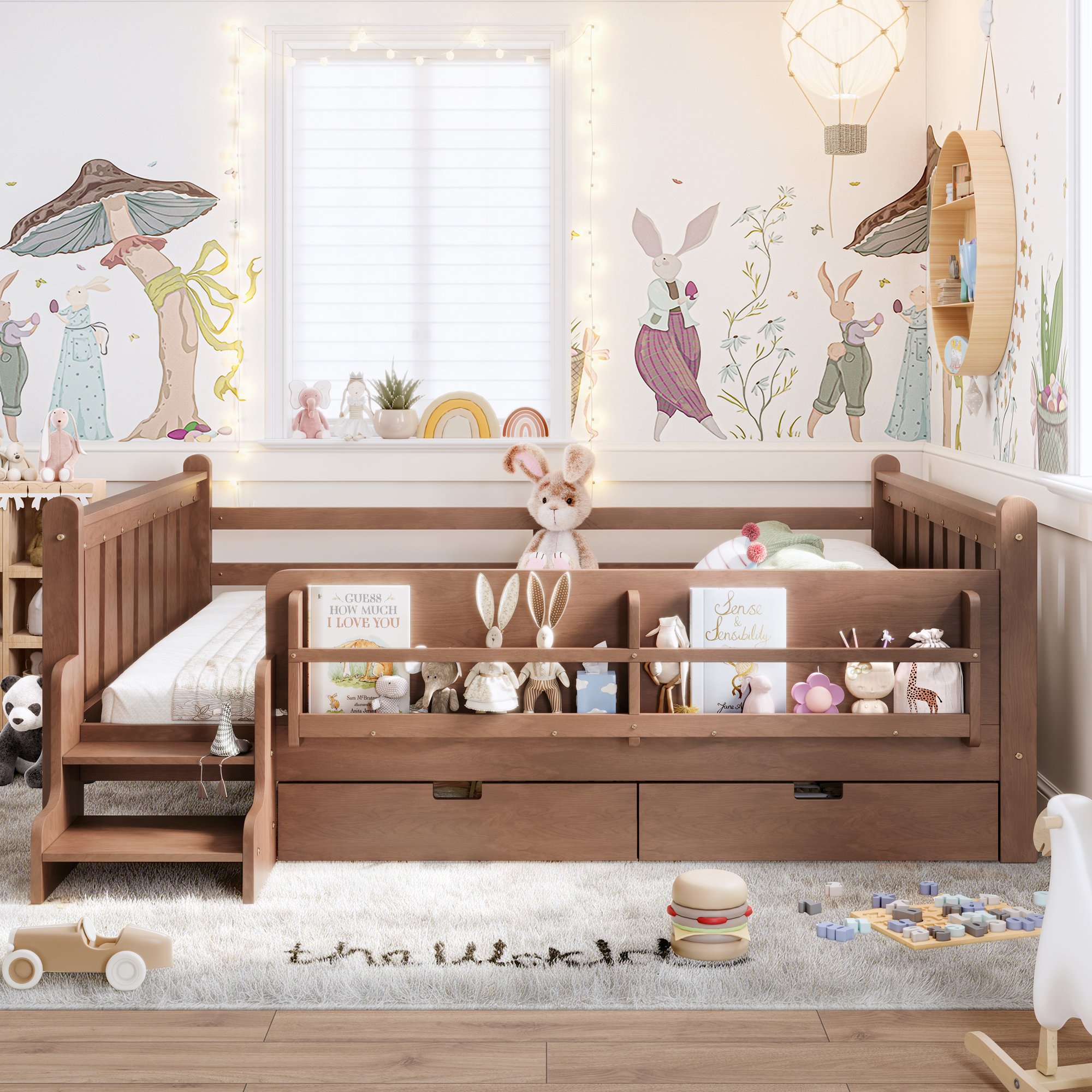 Queen Size Floor Bed with Storage Bookcases and Drawers, Solid Wood Kids Floor Bed with Cute Stairs and Guardrails, No Box Spring Needed, Natural - Image 2