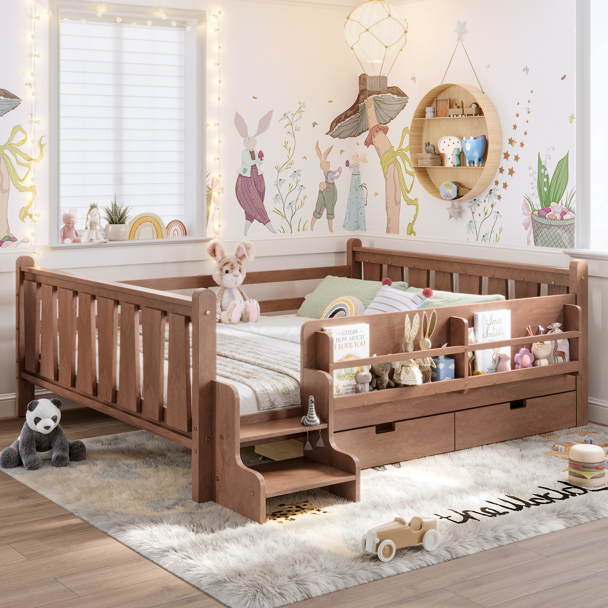 Queen Size Floor Bed with Storage Bookcases and Drawers, Solid Wood Kids Floor Bed with Cute Stairs and Guardrails, No Box Spring Needed, Natural - Image 3