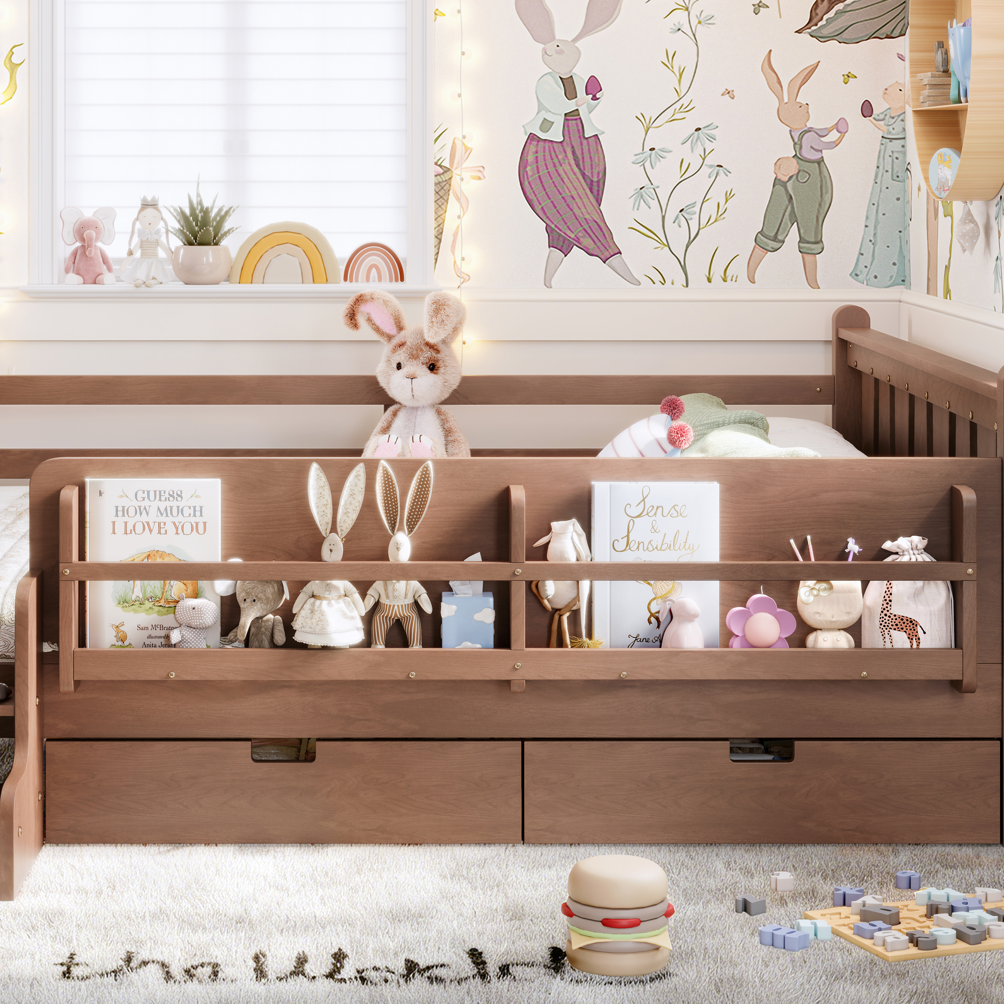 Queen Size Floor Bed with Storage Bookcases and Drawers, Solid Wood Kids Floor Bed with Cute Stairs and Guardrails, No Box Spring Needed, Natural - Image 4