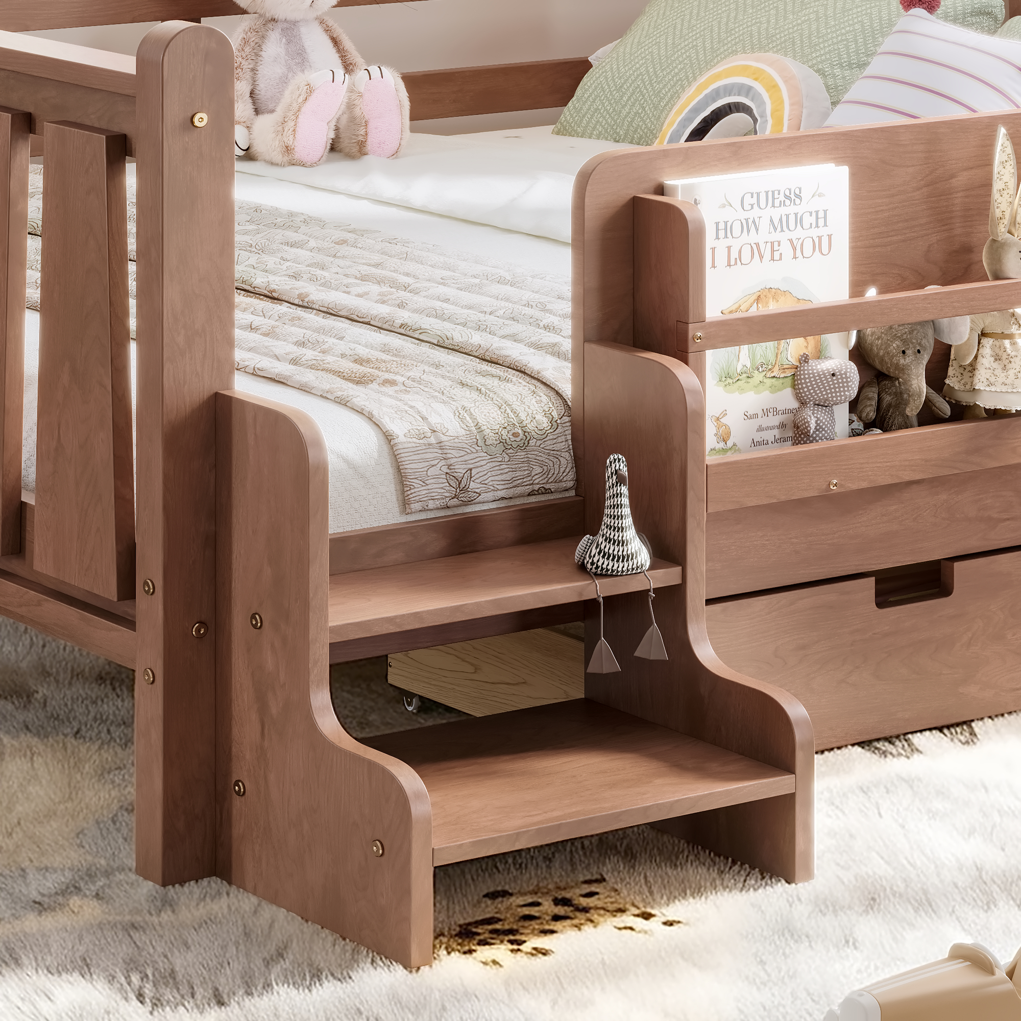 Queen Size Floor Bed with Storage Bookcases and Drawers, Solid Wood Kids Floor Bed with Cute Stairs and Guardrails, No Box Spring Needed, Natural - Image 5