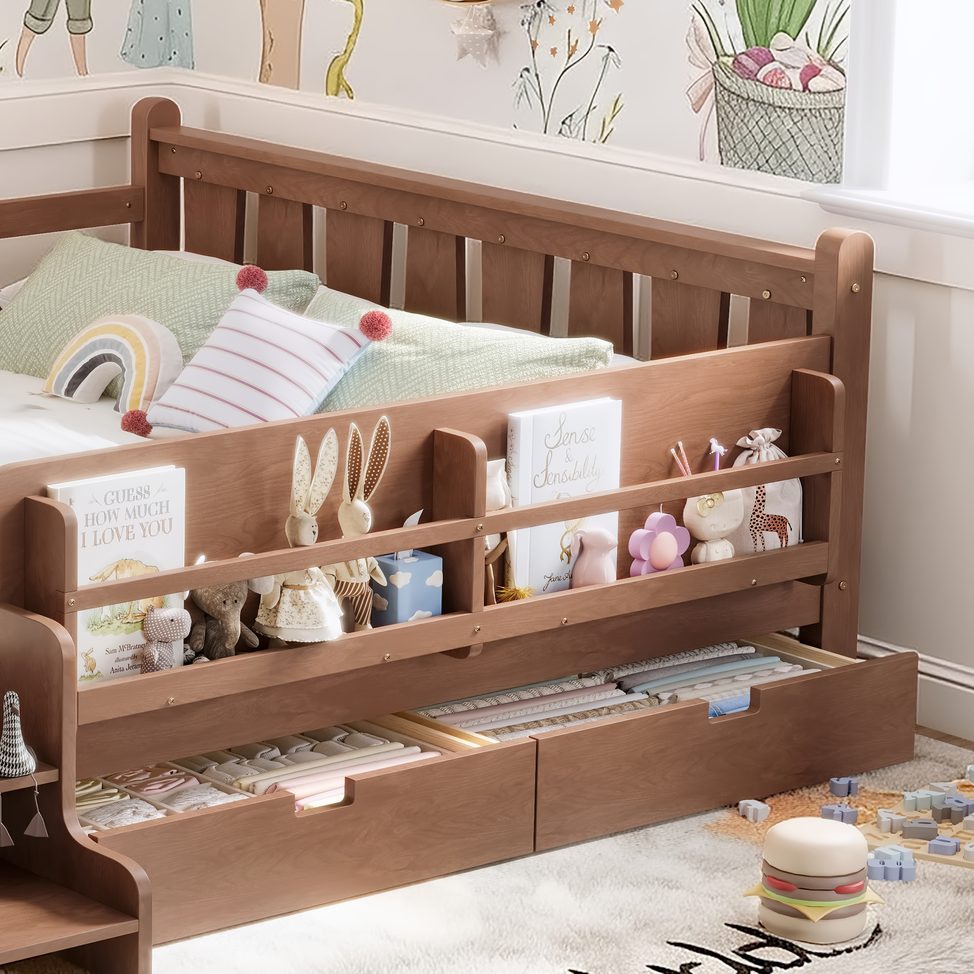 Queen Size Floor Bed with Storage Bookcases and Drawers, Solid Wood Kids Floor Bed with Cute Stairs and Guardrails, No Box Spring Needed, Natural - Image 6