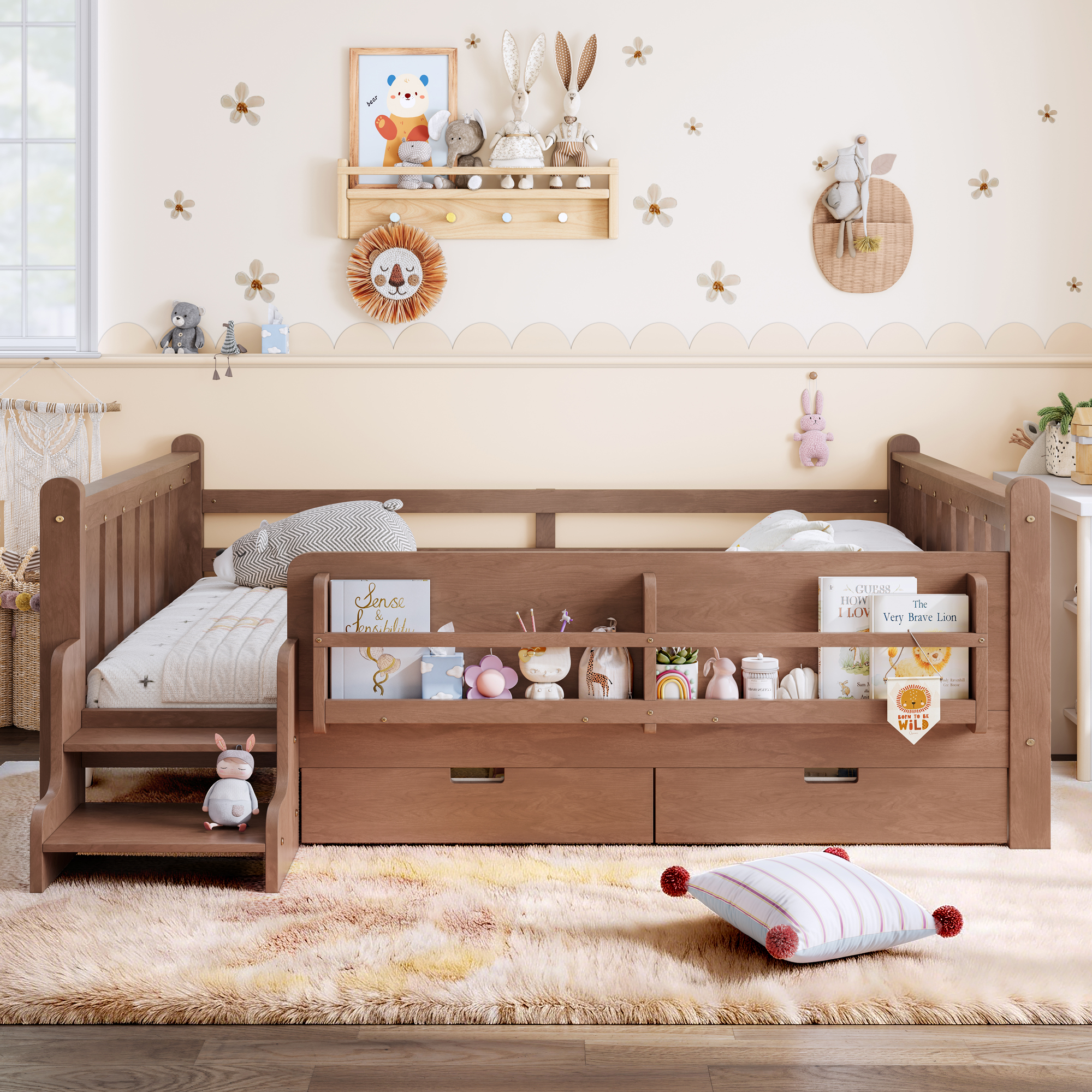 Full Size Floor Bed with Storage Bookcases and Drawers, Solid Wood Kids Floor Bed with Cute Stairs and Guardrails, No Box Spring Needed, Natural - Image 2