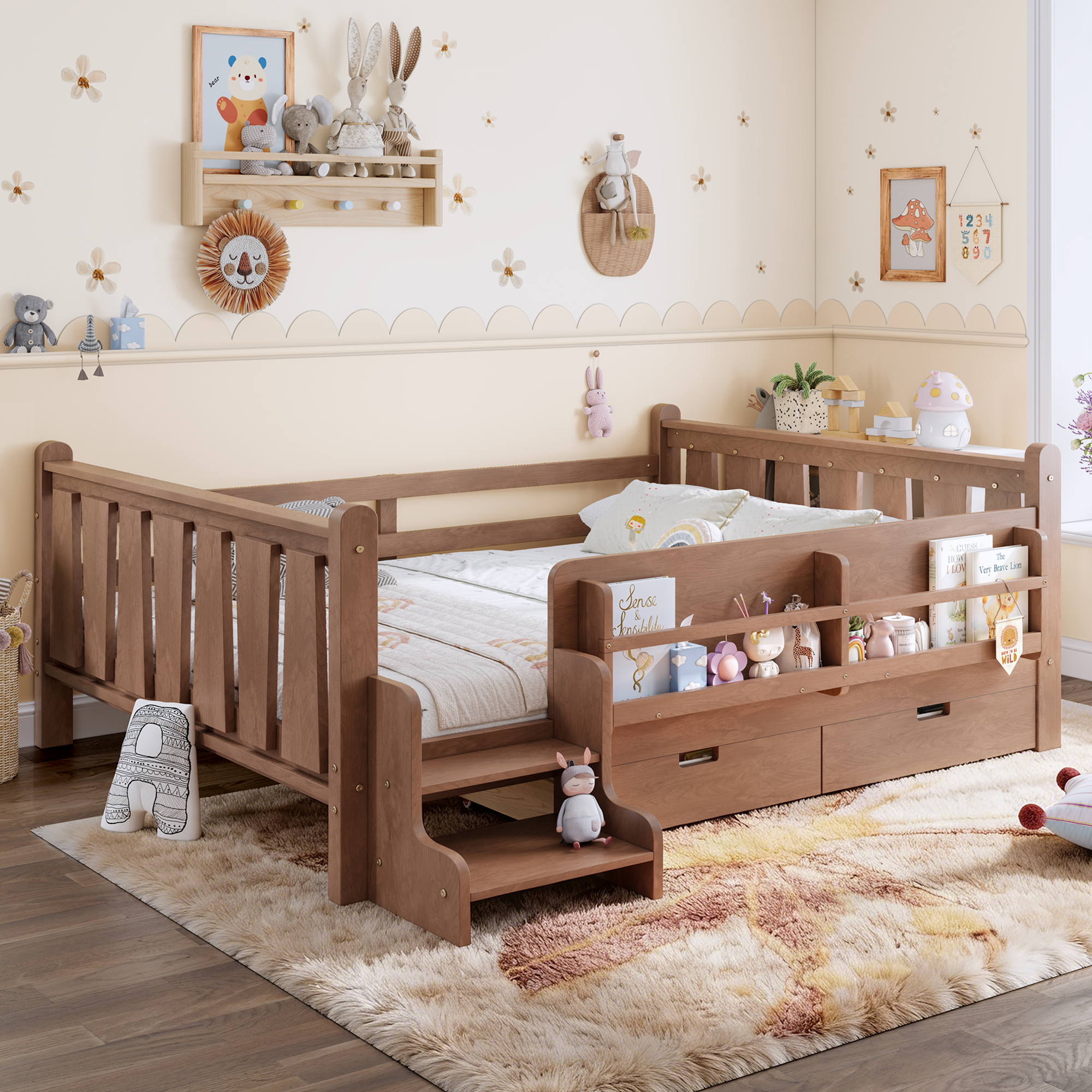 Full Size Floor Bed with Storage Bookcases and Drawers, Solid Wood Kids Floor Bed with Cute Stairs and Guardrails, No Box Spring Needed, Natural - Image 3