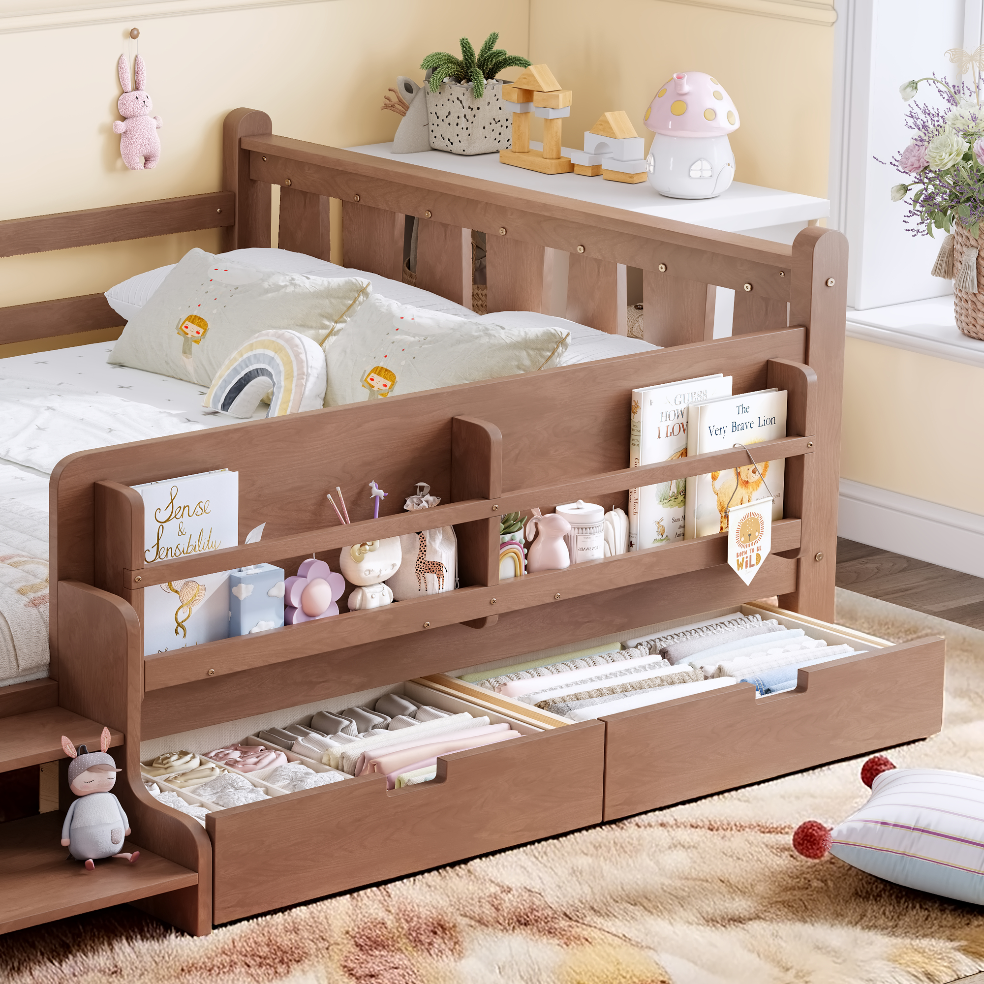 Full Size Floor Bed with Storage Bookcases and Drawers, Solid Wood Kids Floor Bed with Cute Stairs and Guardrails, No Box Spring Needed, Natural - Image 4