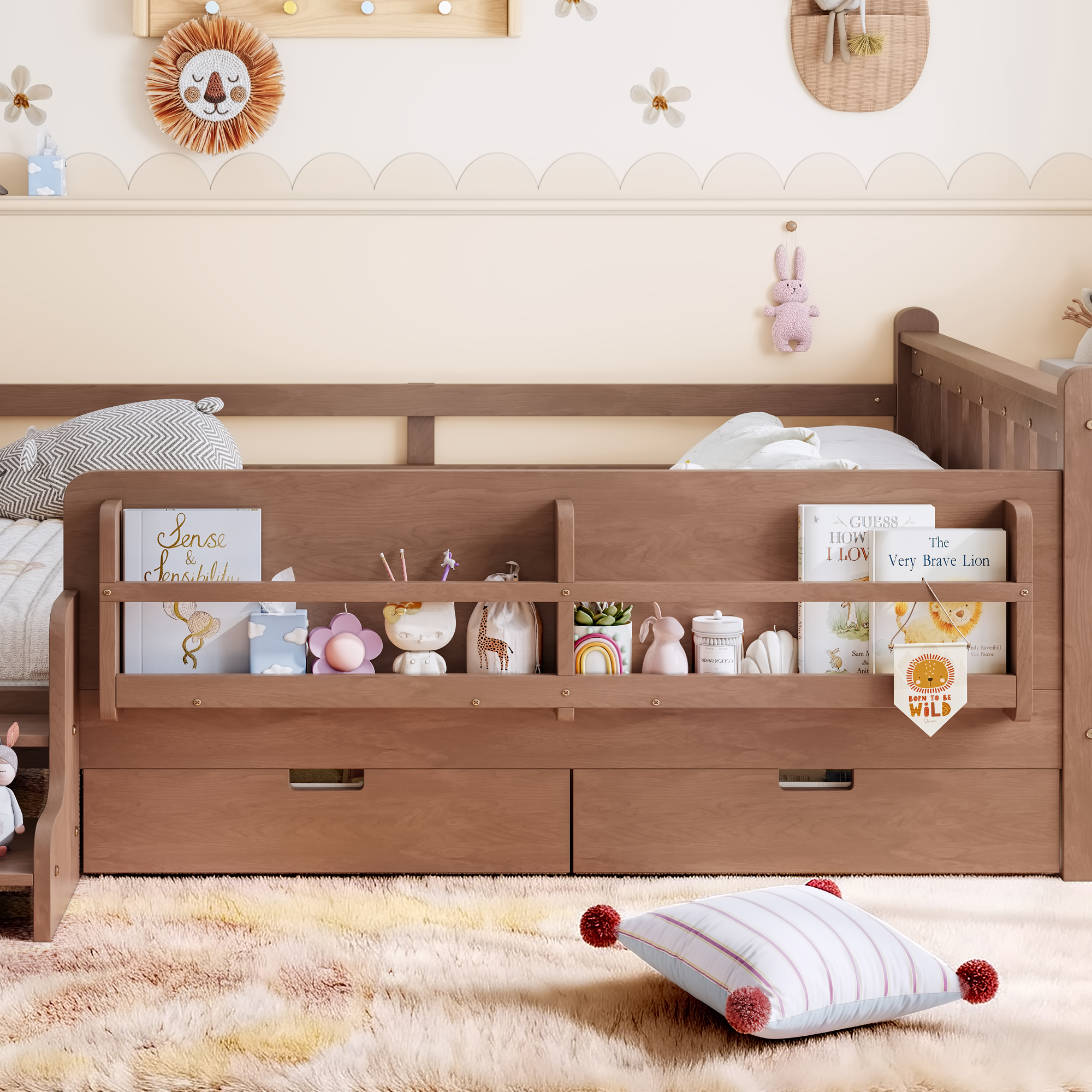 Full Size Floor Bed with Storage Bookcases and Drawers, Solid Wood Kids Floor Bed with Cute Stairs and Guardrails, No Box Spring Needed, Natural - Image 5