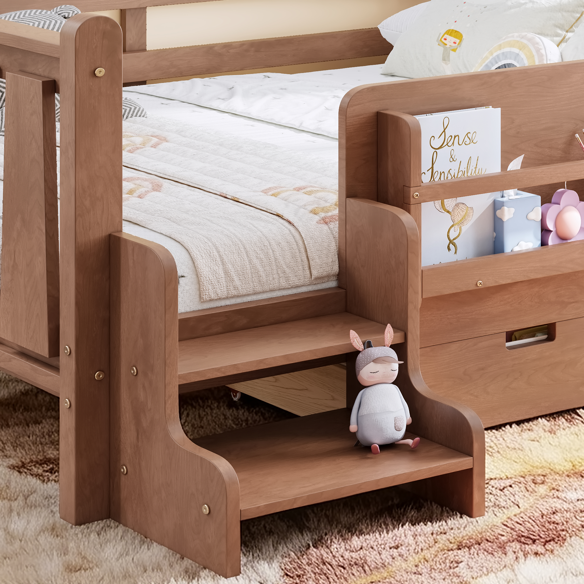 Full Size Floor Bed with Storage Bookcases and Drawers, Solid Wood Kids Floor Bed with Cute Stairs and Guardrails, No Box Spring Needed, Natural - Image 6