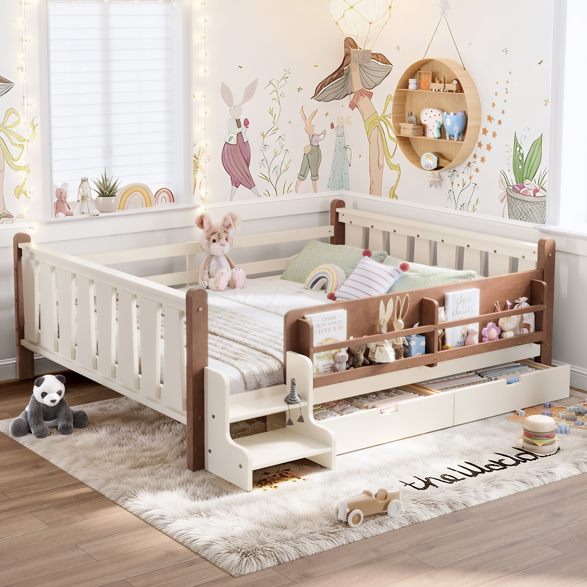 Queen Size Floor Bed with Storage Bookcases and Drawers, Solid Wood Kids Floor Bed with Cute Stairs and Guardrails, No Box Spring Needed, Beige