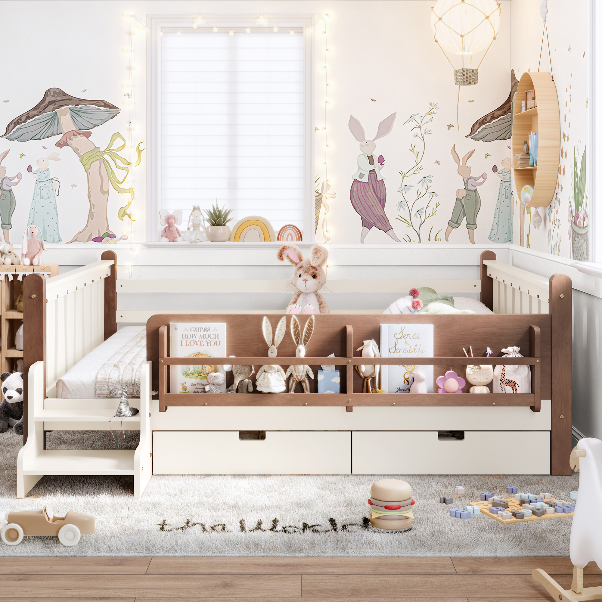 Queen Size Floor Bed with Storage Bookcases and Drawers, Solid Wood Kids Floor Bed with Cute Stairs and Guardrails, No Box Spring Needed, Beige - Image 2