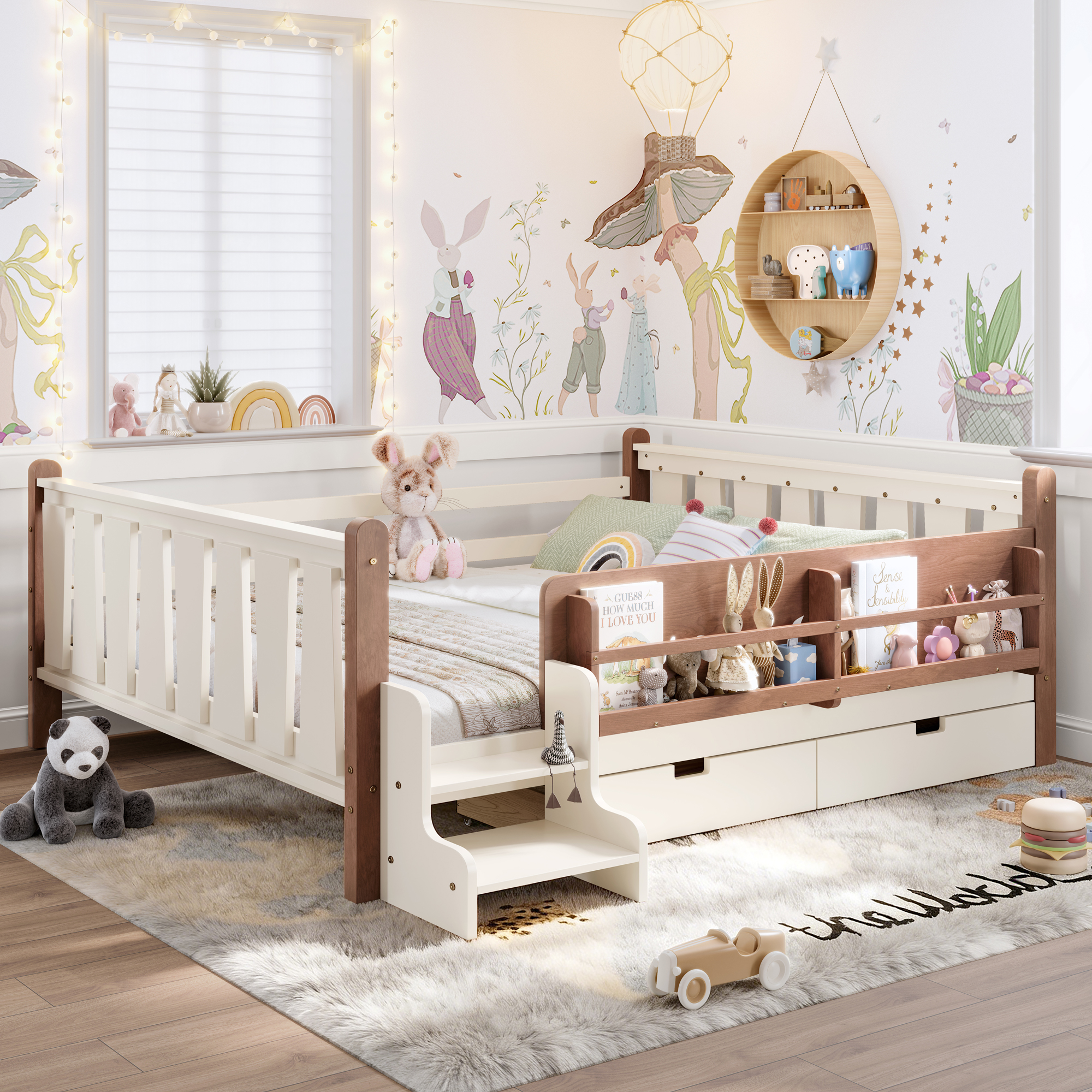 Queen Size Floor Bed with Storage Bookcases and Drawers, Solid Wood Kids Floor Bed with Cute Stairs and Guardrails, No Box Spring Needed, Beige - Image 3